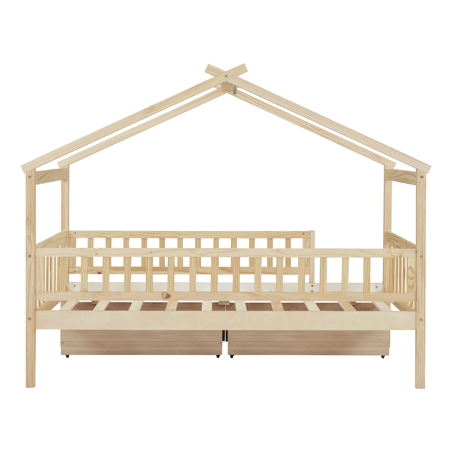 （预计 2025 2.15-2.22到货）Twin Size Wooden House Bed with Two Drawers, Natural