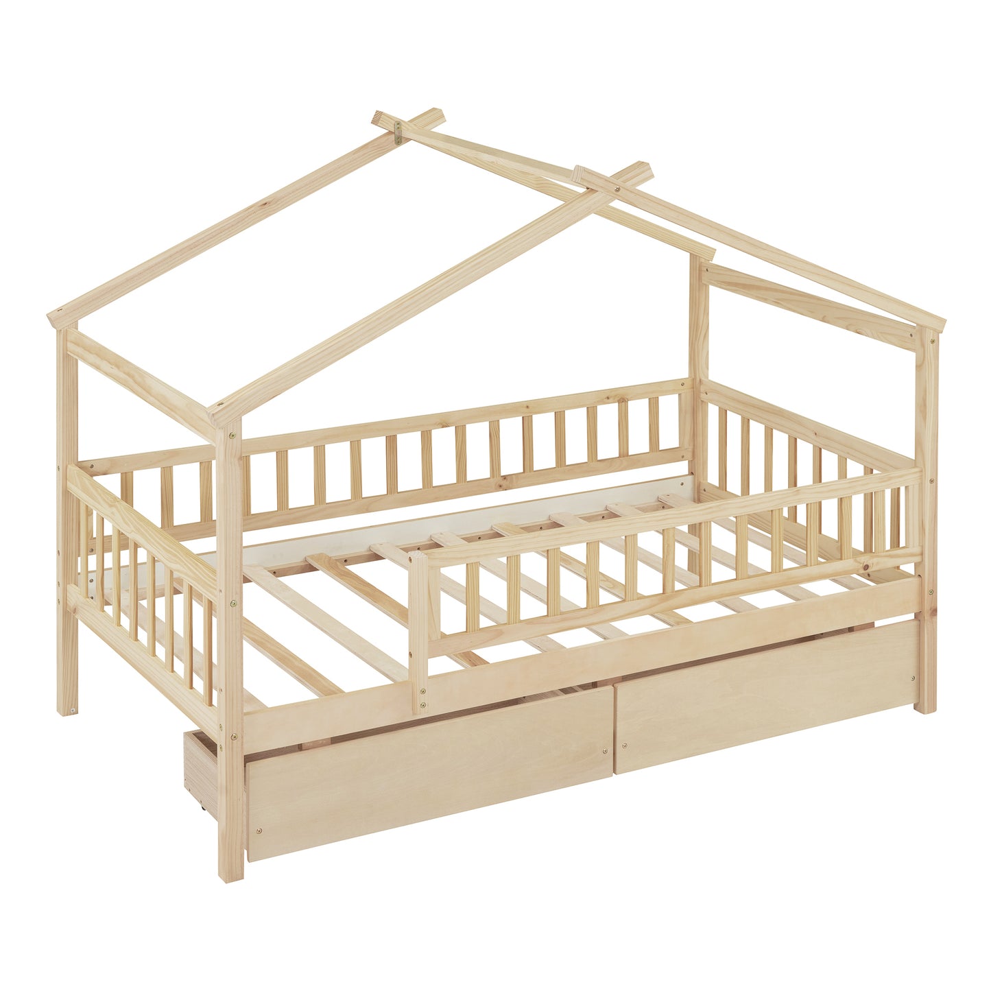 （预计 2025 2.15-2.22到货）Twin Size Wooden House Bed with Two Drawers, Natural