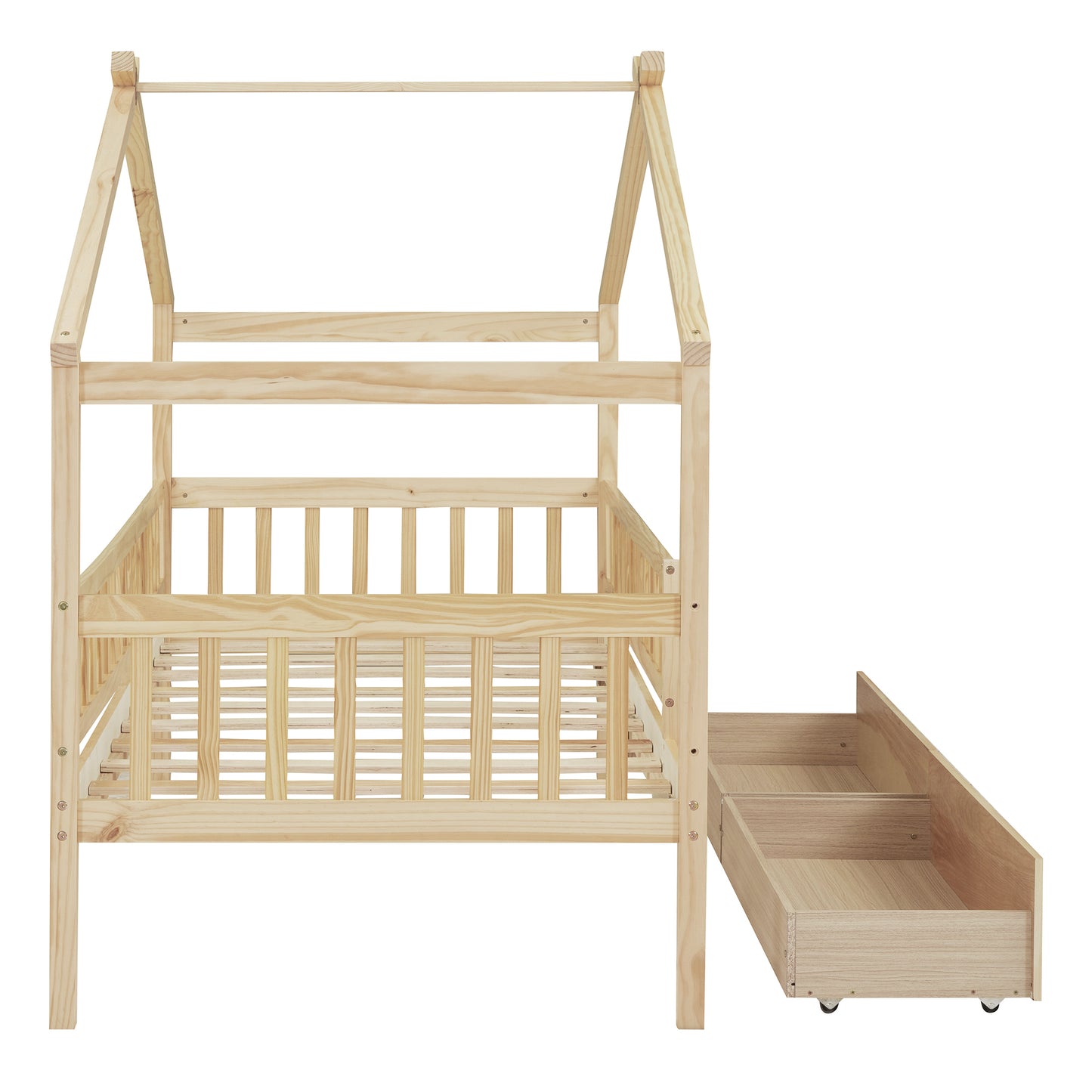 （预计 2025 2.15-2.22到货）Twin Size Wooden House Bed with Two Drawers, Natural