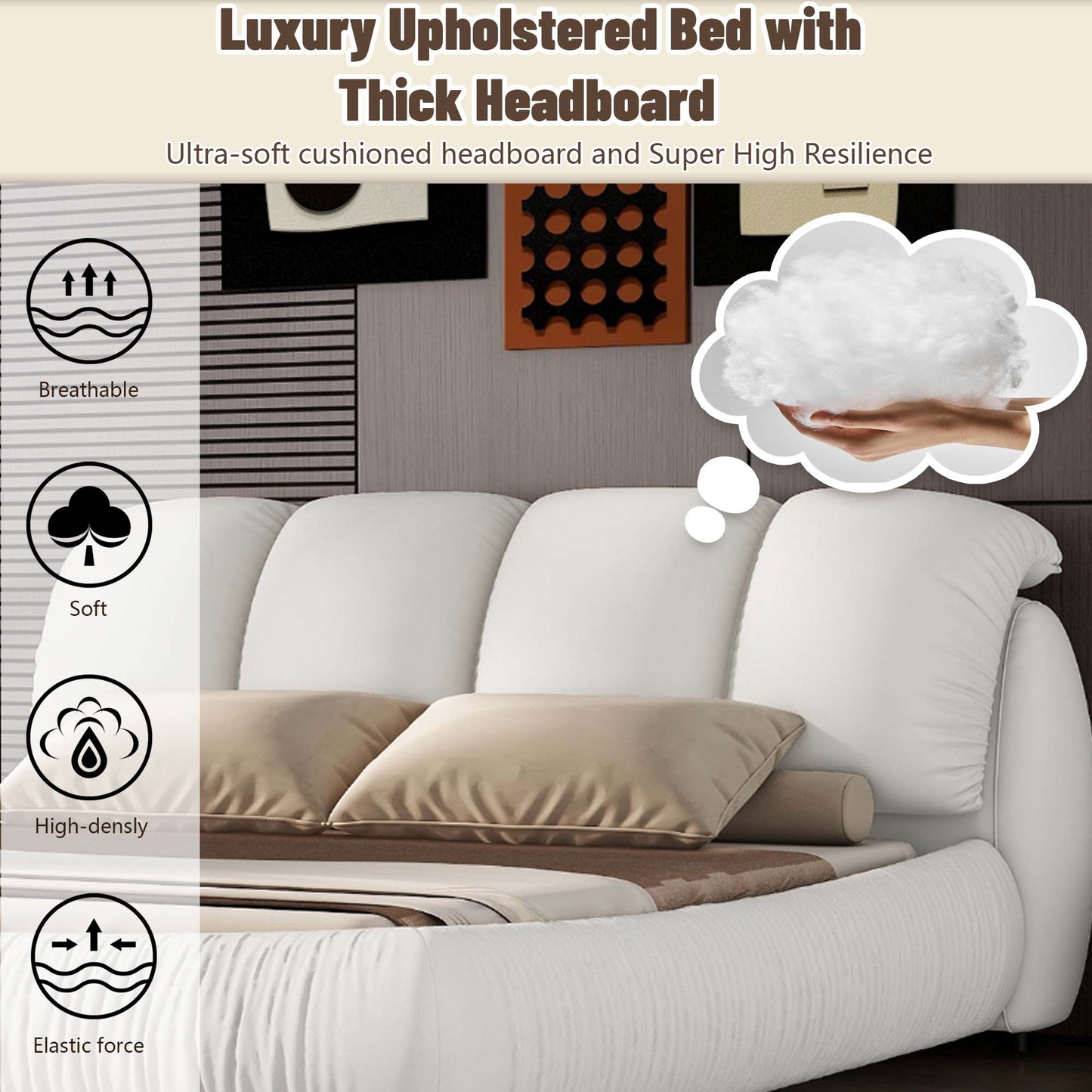 Queen Size Luxury Upholstered Bed With Thick Headboard, Leather Queen Bed with Oversized Padded Backrest, White