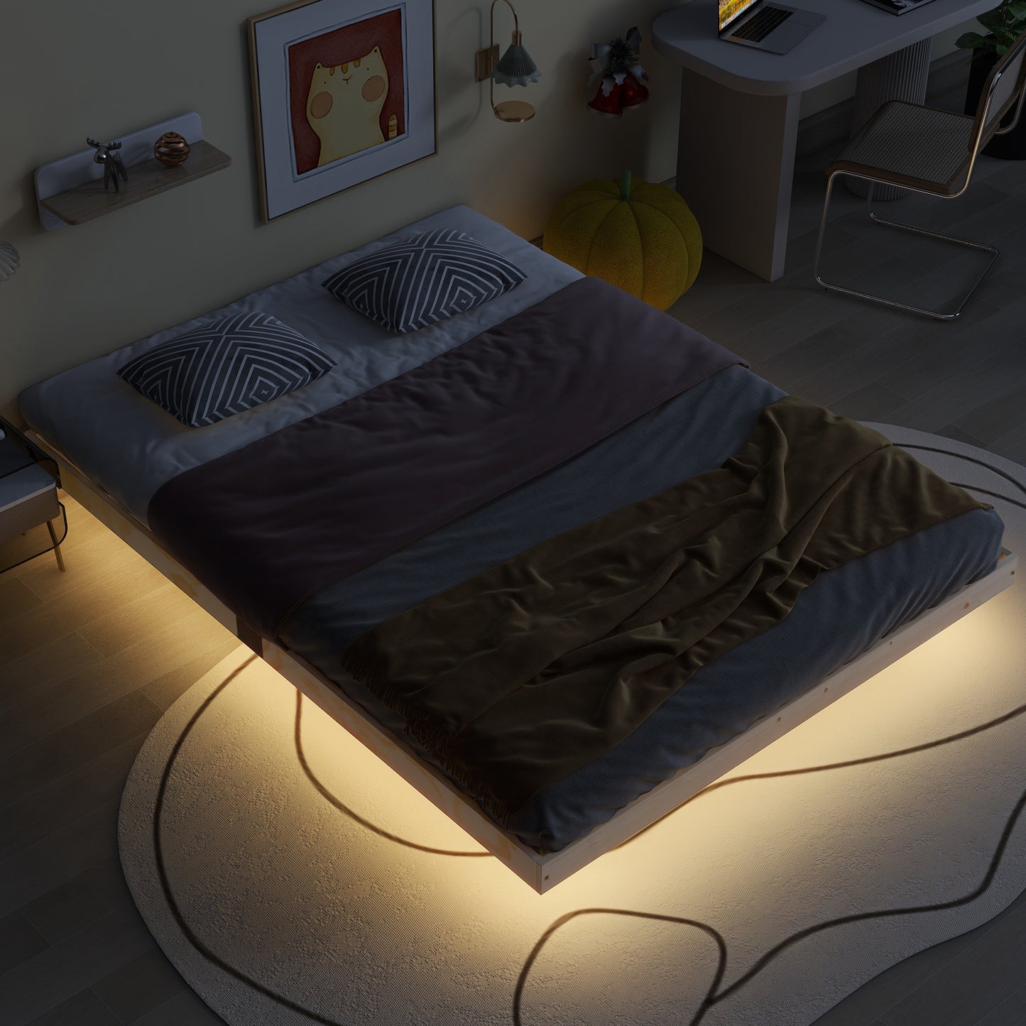 （缺货）Queen Size Floating Bed with LED Lights Underneath,Modern Queen Size Low Profile Platform Bed with LED Lights,Natural