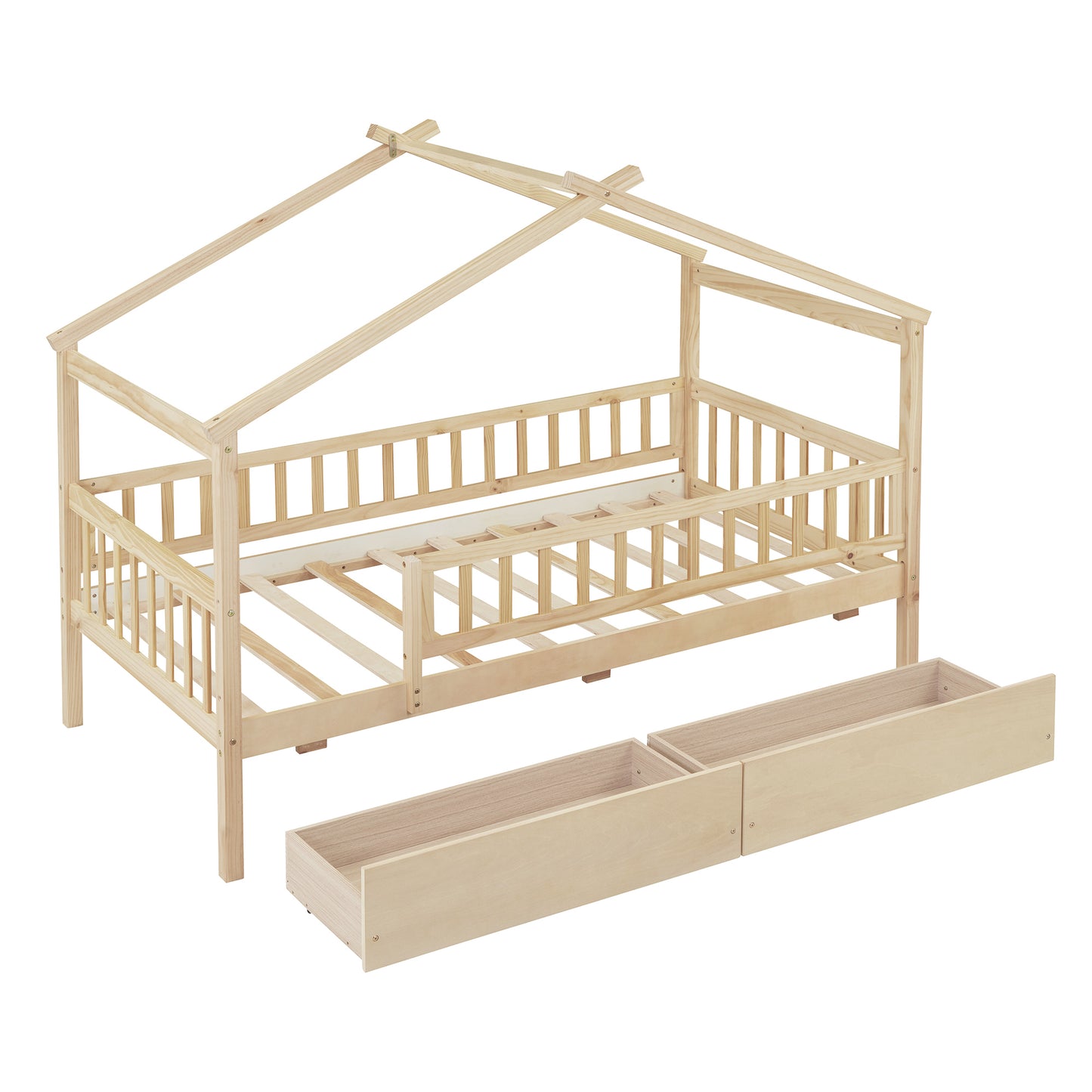 （预计 2025 2.15-2.22到货）Twin Size Wooden House Bed with Two Drawers, Natural