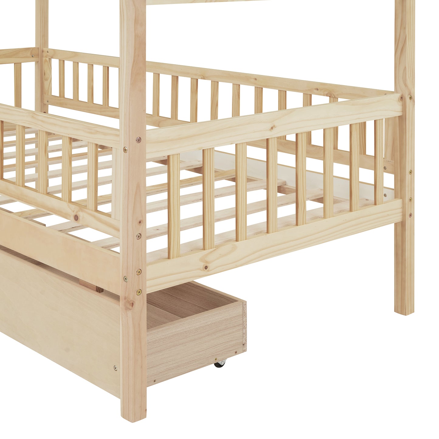 （预计 2025 2.15-2.22到货）Twin Size Wooden House Bed with Two Drawers, Natural