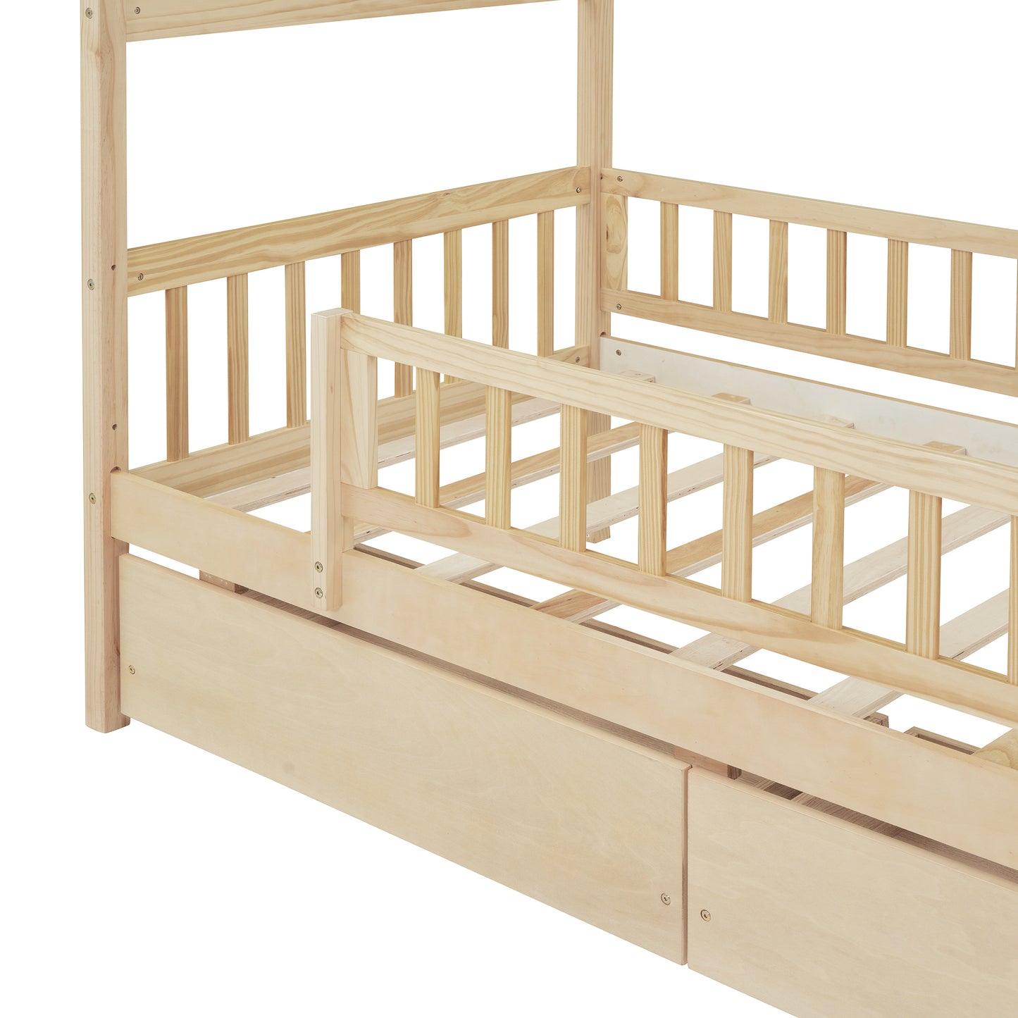 （预计 2025 2.15-2.22到货）Twin Size Wooden House Bed with Two Drawers, Natural