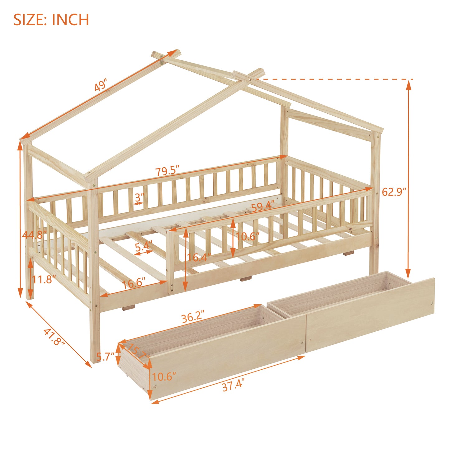 （预计 2025 2.15-2.22到货）Twin Size Wooden House Bed with Two Drawers, Natural