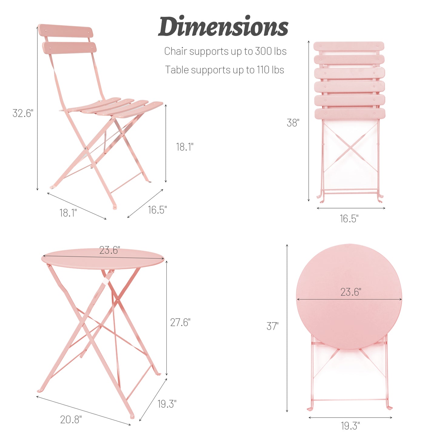 3 Pieces Patio Bistro Balcony Metail Chair Table Set-Pink