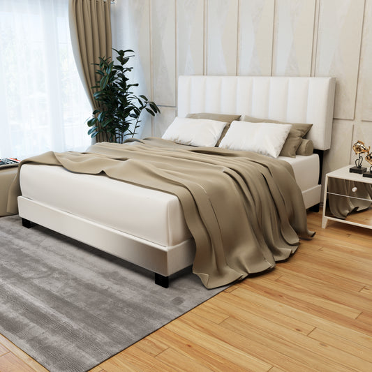 （缺货）WHITE QUEEN SIZE UPHOLSTERED BED FRAME WITH ADJUSTABLE HEADBOARD, CHENILLE FABRIC, CLEAN WHITE STYLE MODERN POPULAR STYLE SUITABLE FOR ANY ROOM DESIGNS