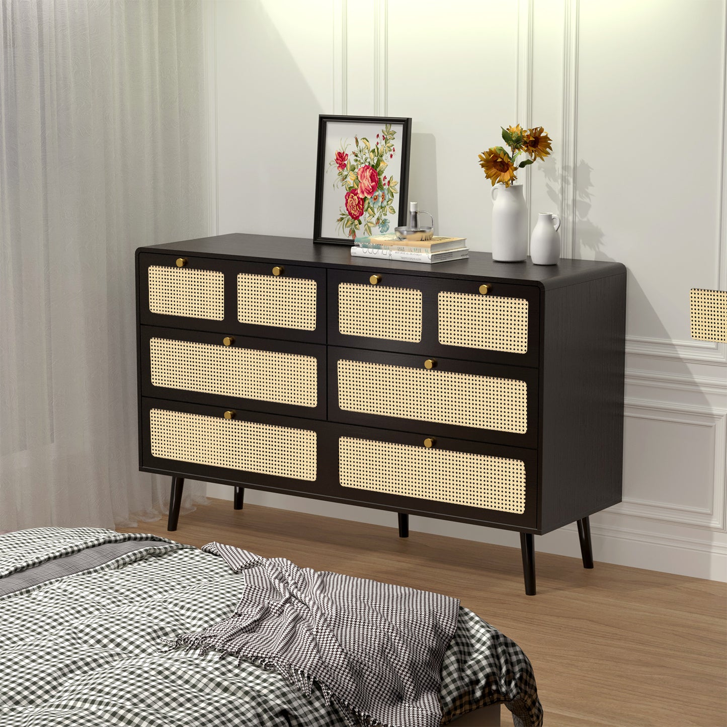 （缺货）6 Drawer Dresser, Modern Rattan Dresser Chest with Wide Drawers and Metal Handles, Farmhouse Wood Storage Chest of Drawers for Bedroom, Living Room, Hallway, Entryway