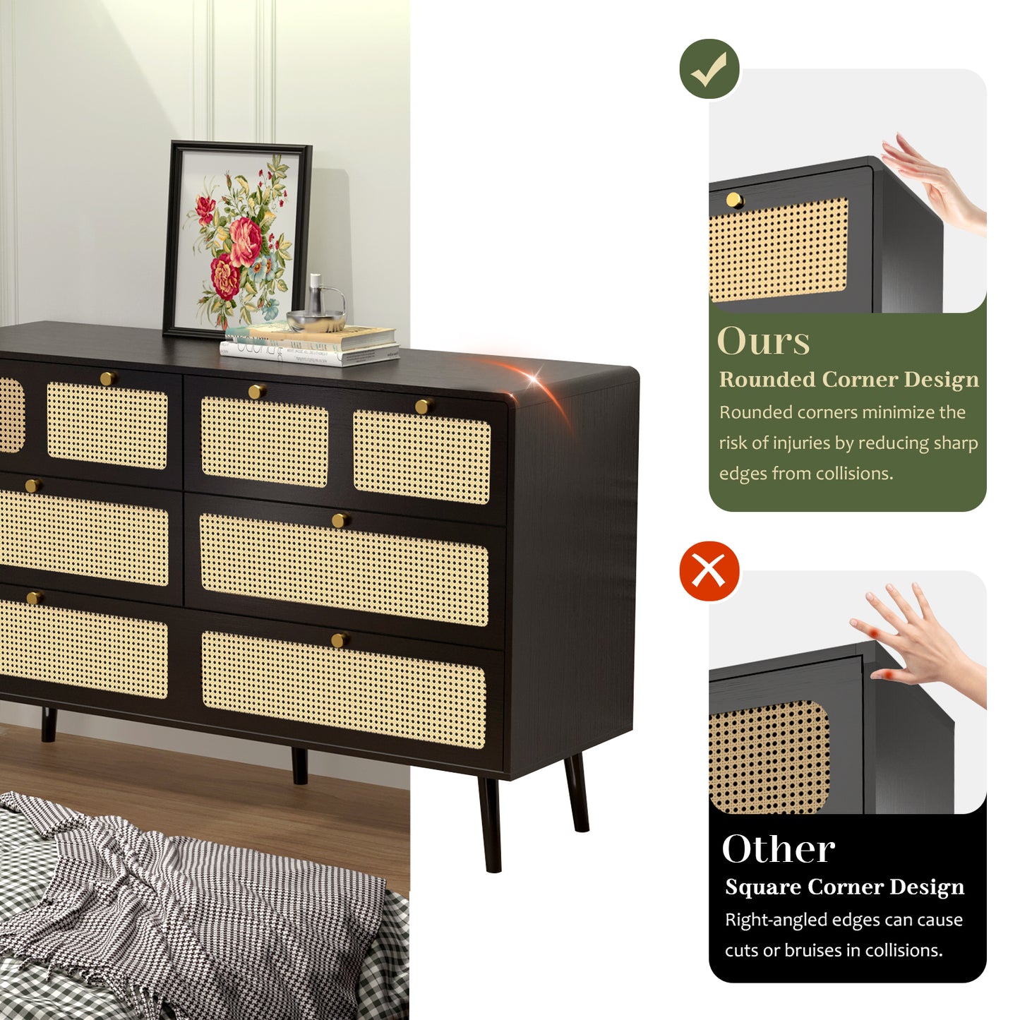 （缺货）6 Drawer Dresser, Modern Rattan Dresser Chest with Wide Drawers and Metal Handles, Farmhouse Wood Storage Chest of Drawers for Bedroom, Living Room, Hallway, Entryway