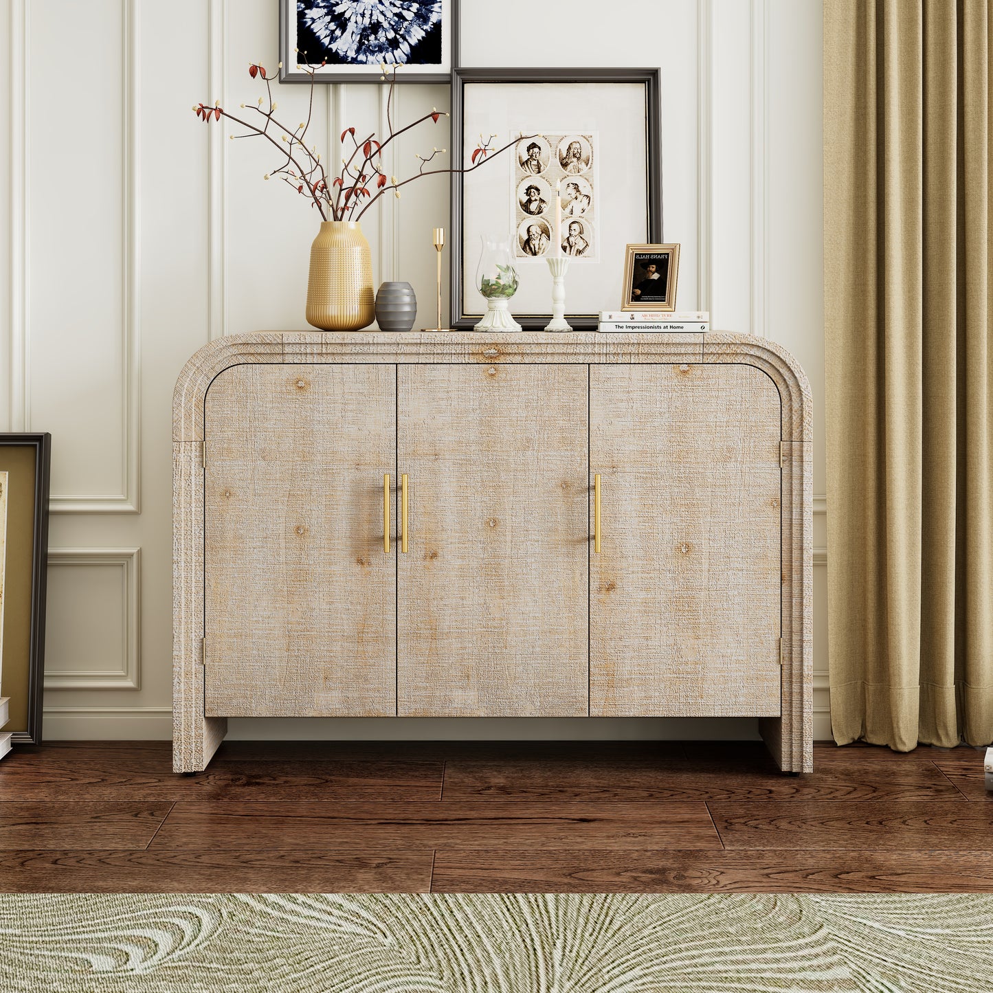 TREXM Retro Minimalist Curved Sideboard with Gold Handles and Adjustable Dividers for Living Room or Dining Room (Natural Wood Wash)