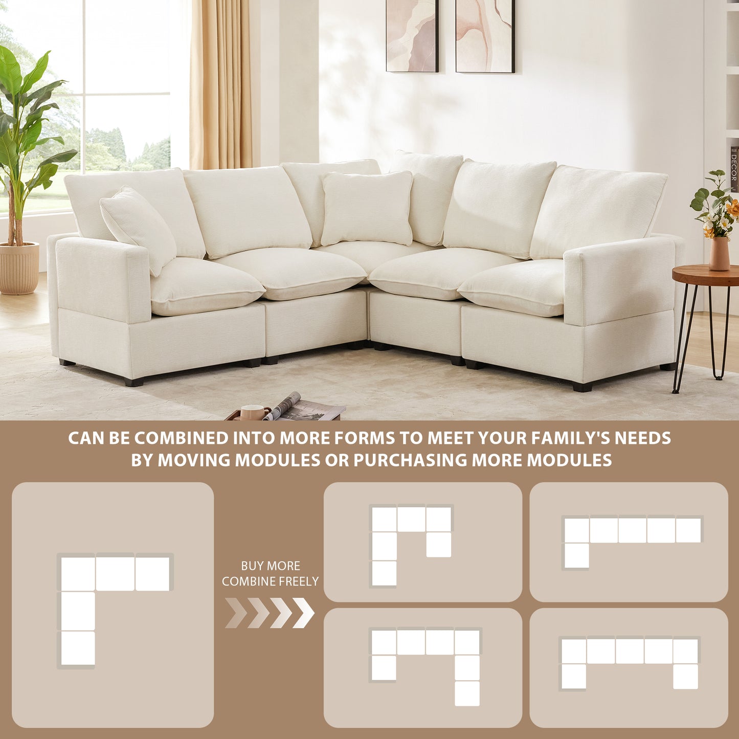 （座位/搁脚凳数量可定制）84*84" Modern L Shape Modular Sofa, 5 Seat Chenille Sectional Couch Set with 2 Pillows Included, Freely Combinable Indoor Funiture for Living Room, Apartment, Office, 2 Colors