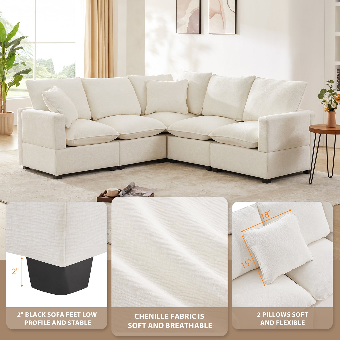 （座位/搁脚凳数量可定制）84*84" Modern L Shape Modular Sofa, 5 Seat Chenille Sectional Couch Set with 2 Pillows Included, Freely Combinable Indoor Funiture for Living Room, Apartment, Office, 2 Colors