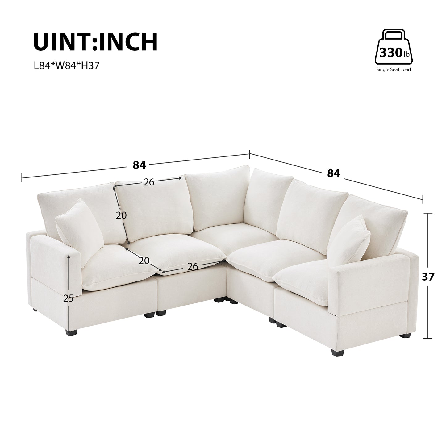 （座位/搁脚凳数量可定制）84*84" Modern L Shape Modular Sofa, 5 Seat Chenille Sectional Couch Set with 2 Pillows Included, Freely Combinable Indoor Funiture for Living Room, Apartment, Office, 2 Colors