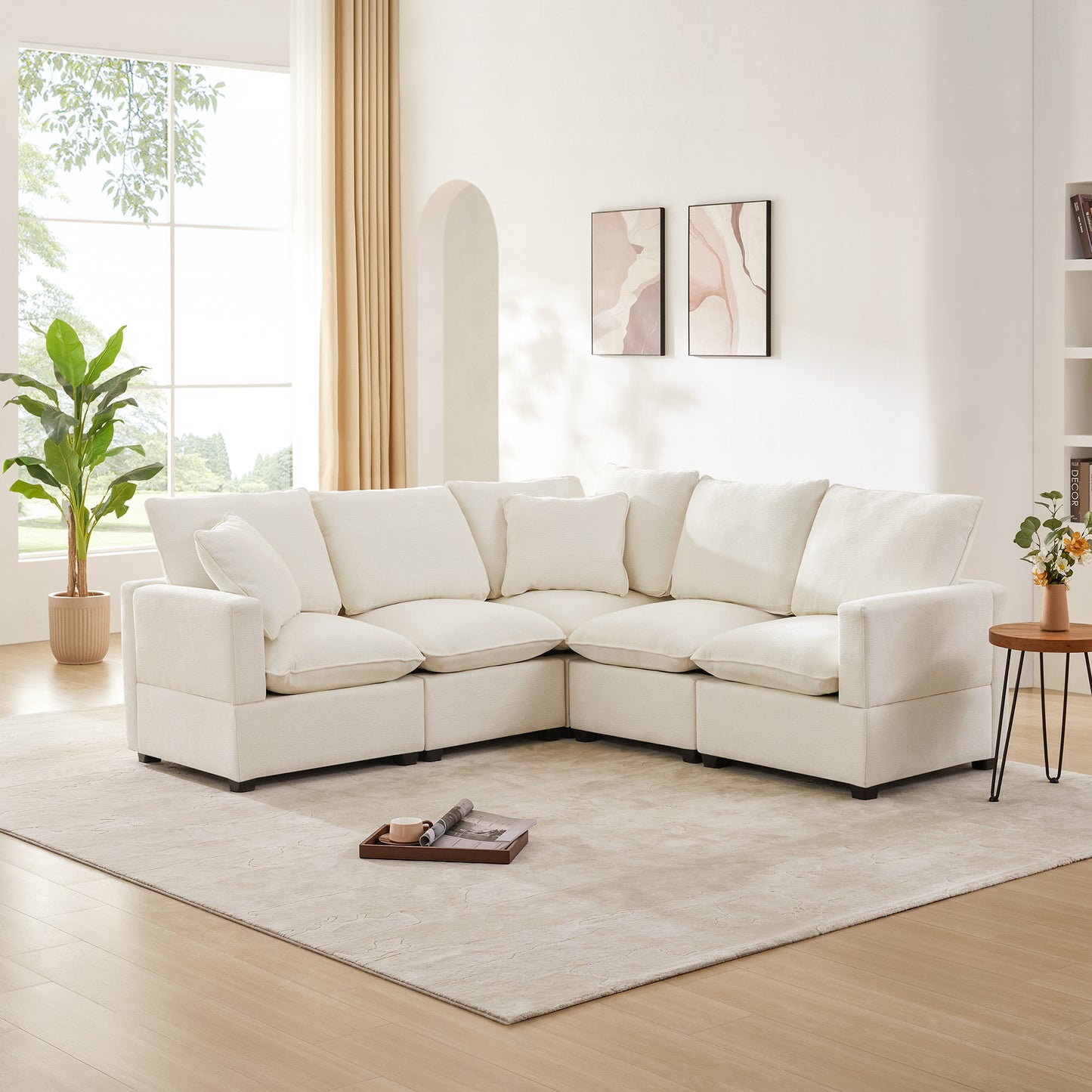 （座位/搁脚凳数量可定制）84*84" Modern L Shape Modular Sofa, 5 Seat Chenille Sectional Couch Set with 2 Pillows Included, Freely Combinable Indoor Funiture for Living Room, Apartment, Office, 2 Colors