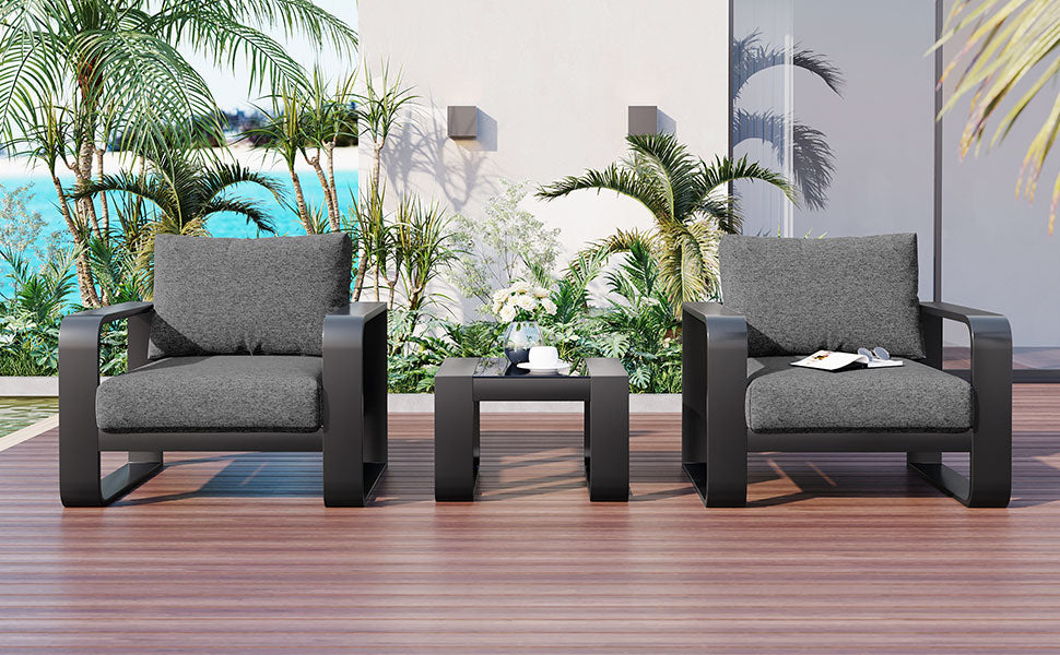 GO 3-pieces Aluminum Frame Patio Furniture With 6.7" Thick Cushion And Coffee Table, All Weather Use Olefin fabric Outdoor Chair, Gray And Black