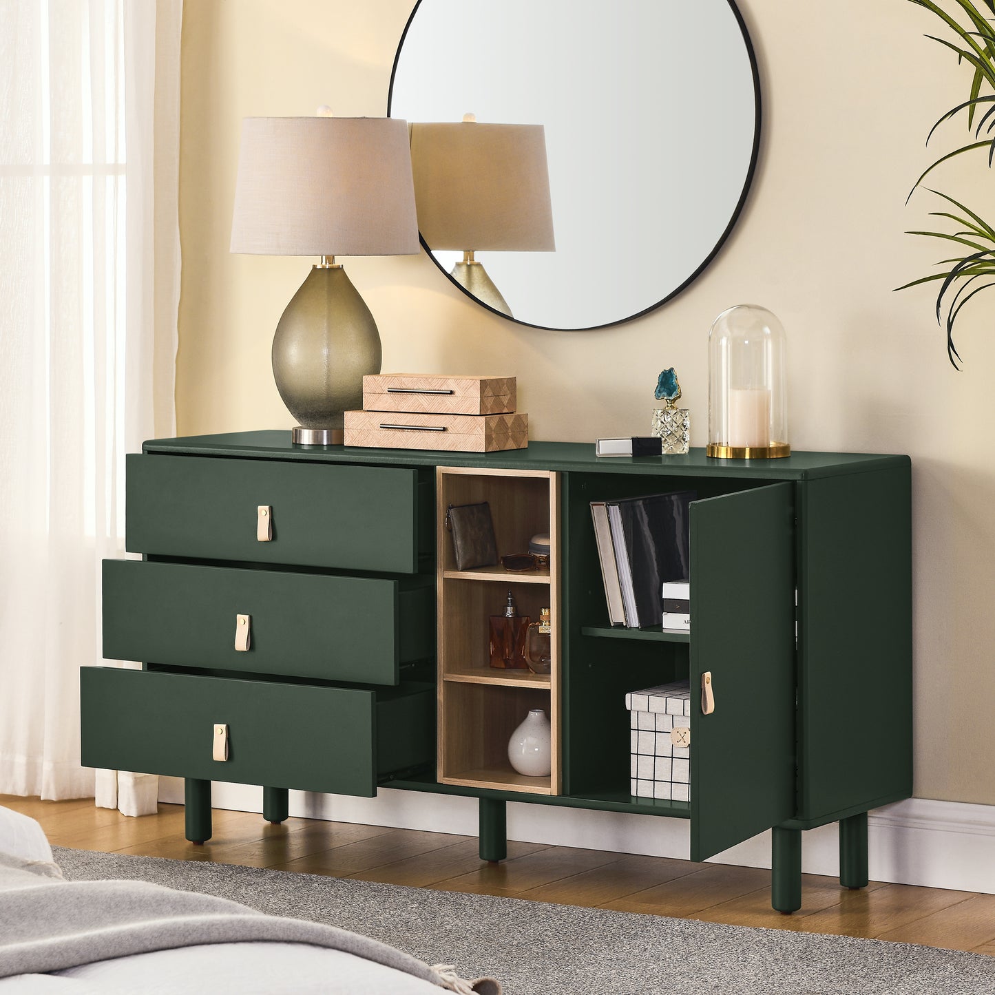 （缺货）Storage cabinet with doors and drawers, chest of drawers, multifunctional storage cabinet, modern chest of drawers, wooden storage cabinet, leather handle drawer chest, home storage cabinet, office ch