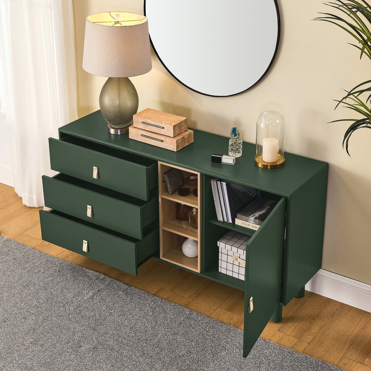 （缺货）Storage cabinet with doors and drawers, chest of drawers, multifunctional storage cabinet, modern chest of drawers, wooden storage cabinet, leather handle drawer chest, home storage cabinet, office ch