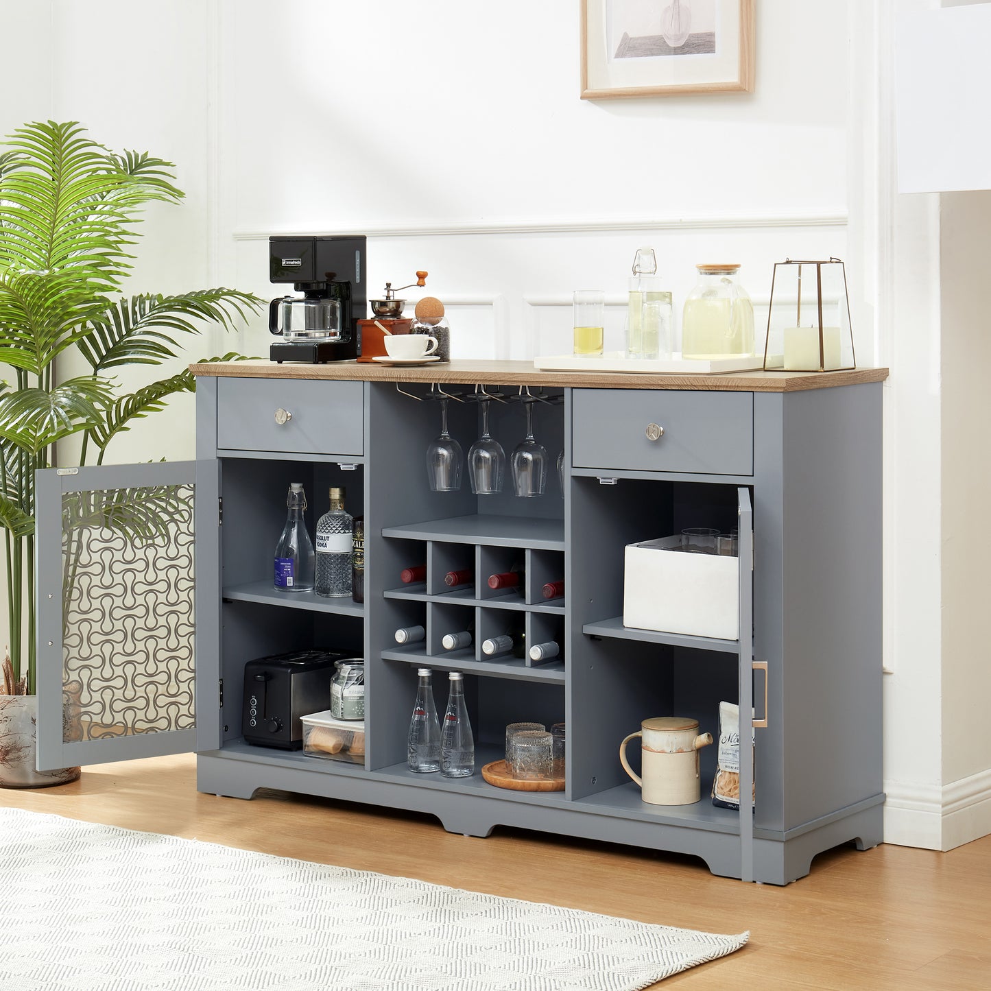 Modern Farmhouse Buffet Cabinet, Sideboard with 2 Drawers and Elegant Glass Door Cabinets, Wine and Glass Rack, Coffee Bar for Kitchen, Dining Room, Light Blue and Light Oak, 56.46"W*15.55"D*35.74"H