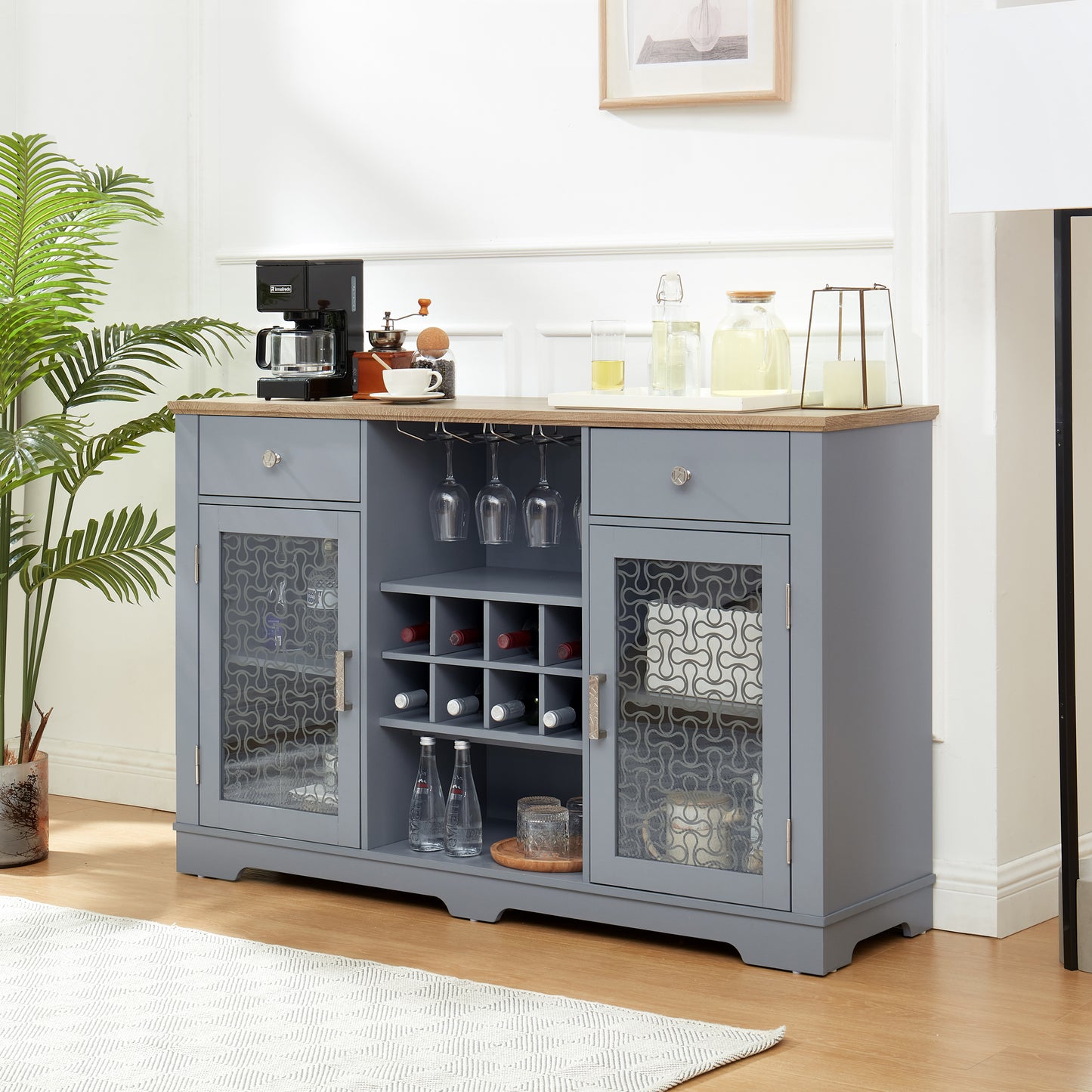 Modern Farmhouse Buffet Cabinet, Sideboard with 2 Drawers and Elegant Glass Door Cabinets, Wine and Glass Rack, Coffee Bar for Kitchen, Dining Room, Light Blue and Light Oak, 56.46"W*15.55"D*35.74"H