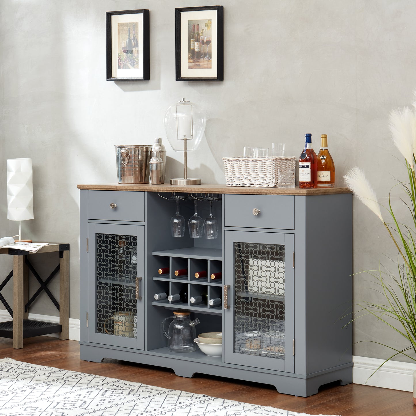 Modern Farmhouse Buffet Cabinet, Sideboard with 2 Drawers and Elegant Glass Door Cabinets, Wine and Glass Rack, Coffee Bar for Kitchen, Dining Room, Light Blue and Light Oak, 56.46"W*15.55"D*35.74"H