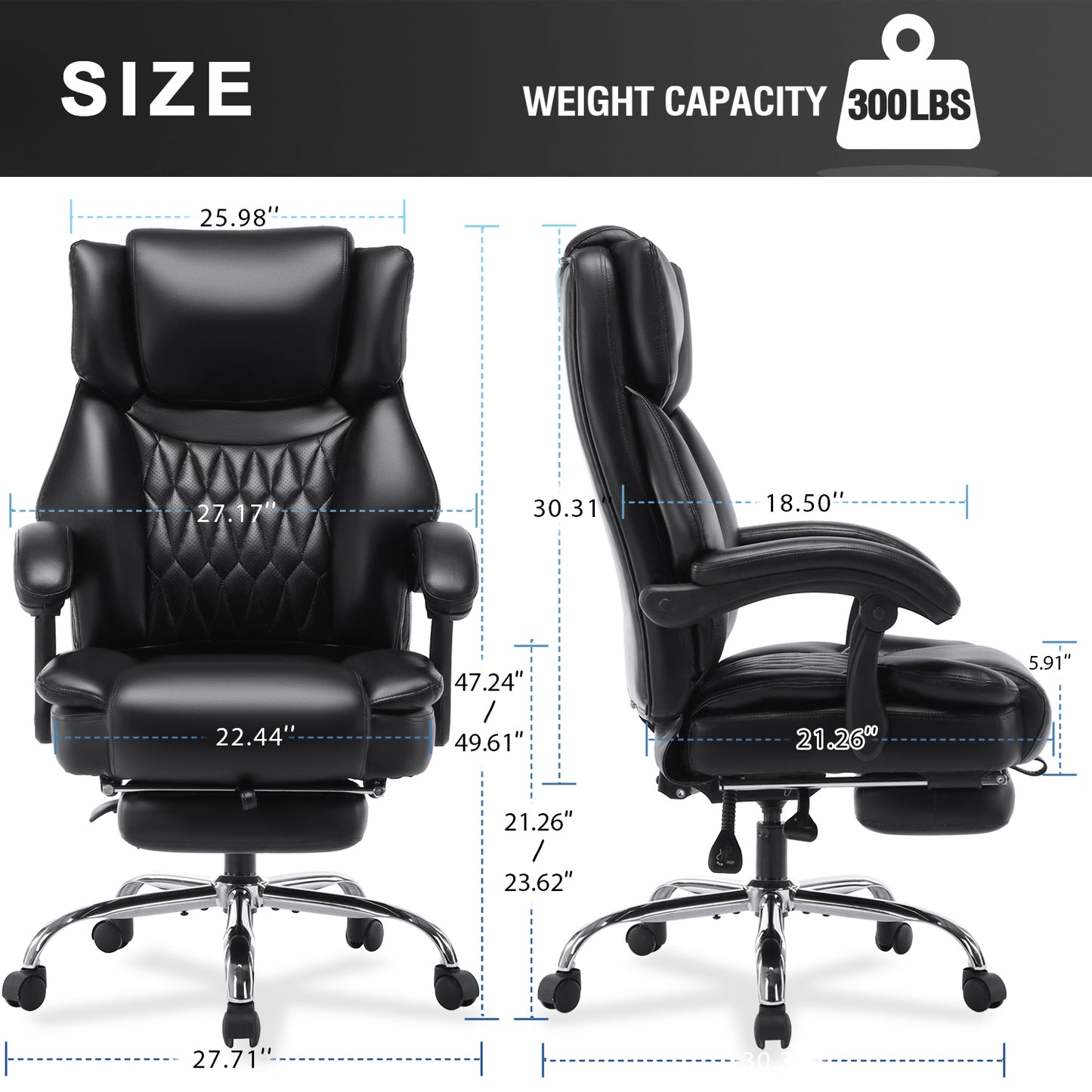 （缺货）High Back Massage Reclining Office Chair with Footrest - Executive Computer Home Desk Massaging Lumbar Cushion , Adjustable Angle , Breathable Thick Padding for Comfort (Black)