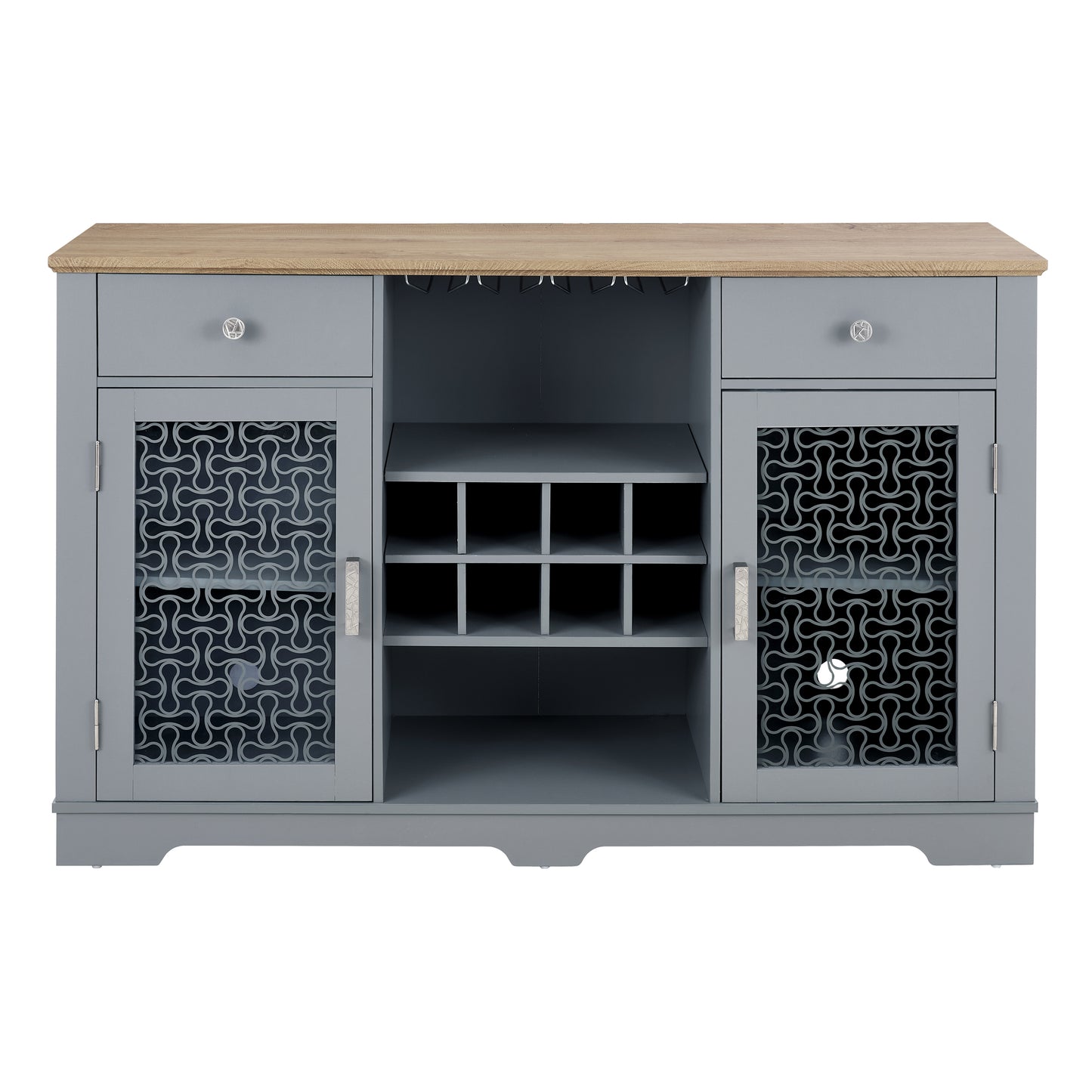 Modern Farmhouse Buffet Cabinet, Sideboard with 2 Drawers and Elegant Glass Door Cabinets, Wine and Glass Rack, Coffee Bar for Kitchen, Dining Room, Light Blue and Light Oak, 56.46"W*15.55"D*35.74"H