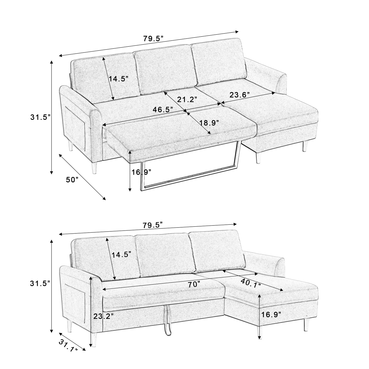 Adjustable L-Shaped Sofa Bed With Chaise Blue-grey, Upholstered Fabric Sleeper Sectional Sofa with Chaise Modern Craftsmanship Fashion Sofa Set, Apartment Living Room Sofa with for Small Space