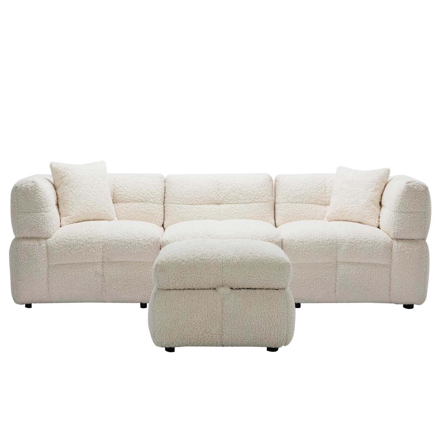 87.7" Sectional Sofa Cozy Teddy Fleece Fabric Sectional Sofa Couch with Two USB Ports a Movable Storage Ottoman and Two Lumbar Pillows for Living Room, Creamy White