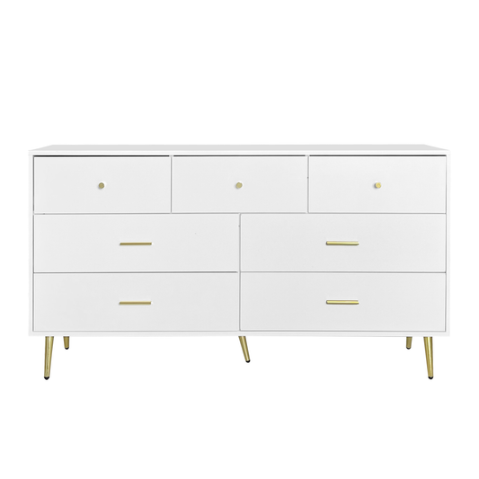 Seven Drawers Large Chest of Drawer Cabinet with Golden Handle and Golden Legs White Color