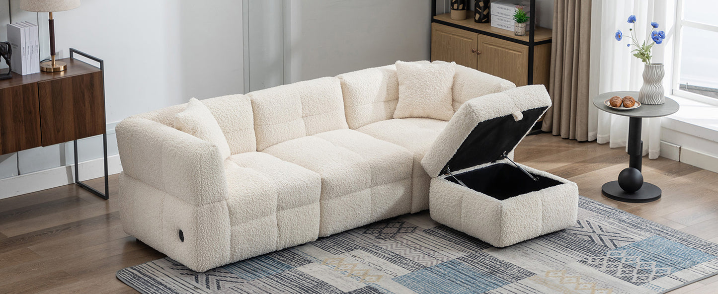 87.7" Sectional Sofa Cozy Teddy Fleece Fabric Sectional Sofa Couch with Two USB Ports a Movable Storage Ottoman and Two Lumbar Pillows for Living Room, Creamy White