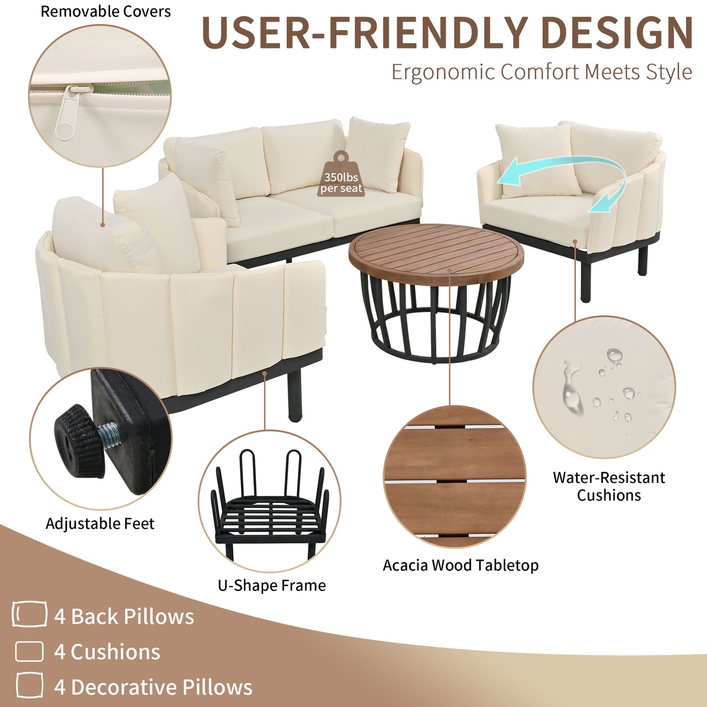 TOPMAX Luxury Modern 4-Piece Outdoor Iron Frame Conversation Set, Patio Chat Set with Acacia Wood Round Coffee Table for Backyard, Deck, Poolside, Indoor Use, Loveseat+Arm Chairs, Beige