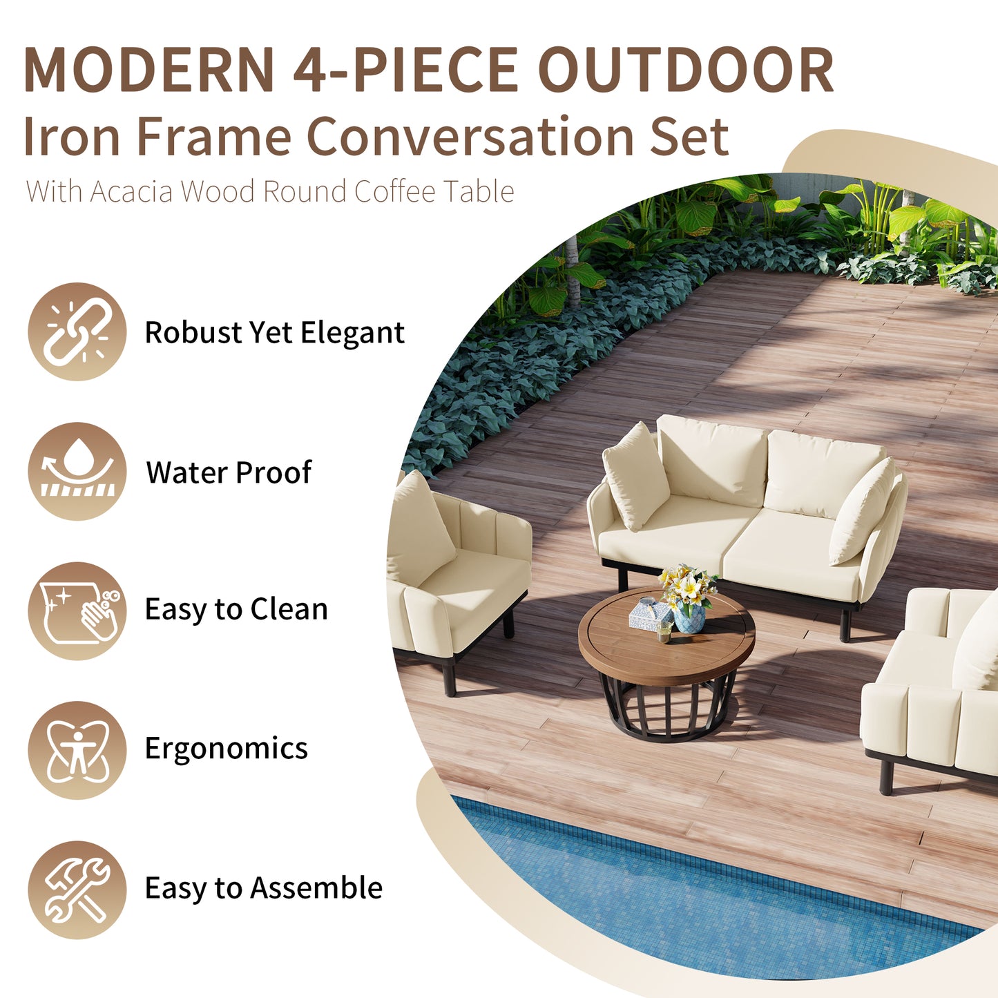 TOPMAX Luxury Modern 4-Piece Outdoor Iron Frame Conversation Set, Patio Chat Set with Acacia Wood Round Coffee Table for Backyard, Deck, Poolside, Indoor Use, Loveseat+Arm Chairs, Beige