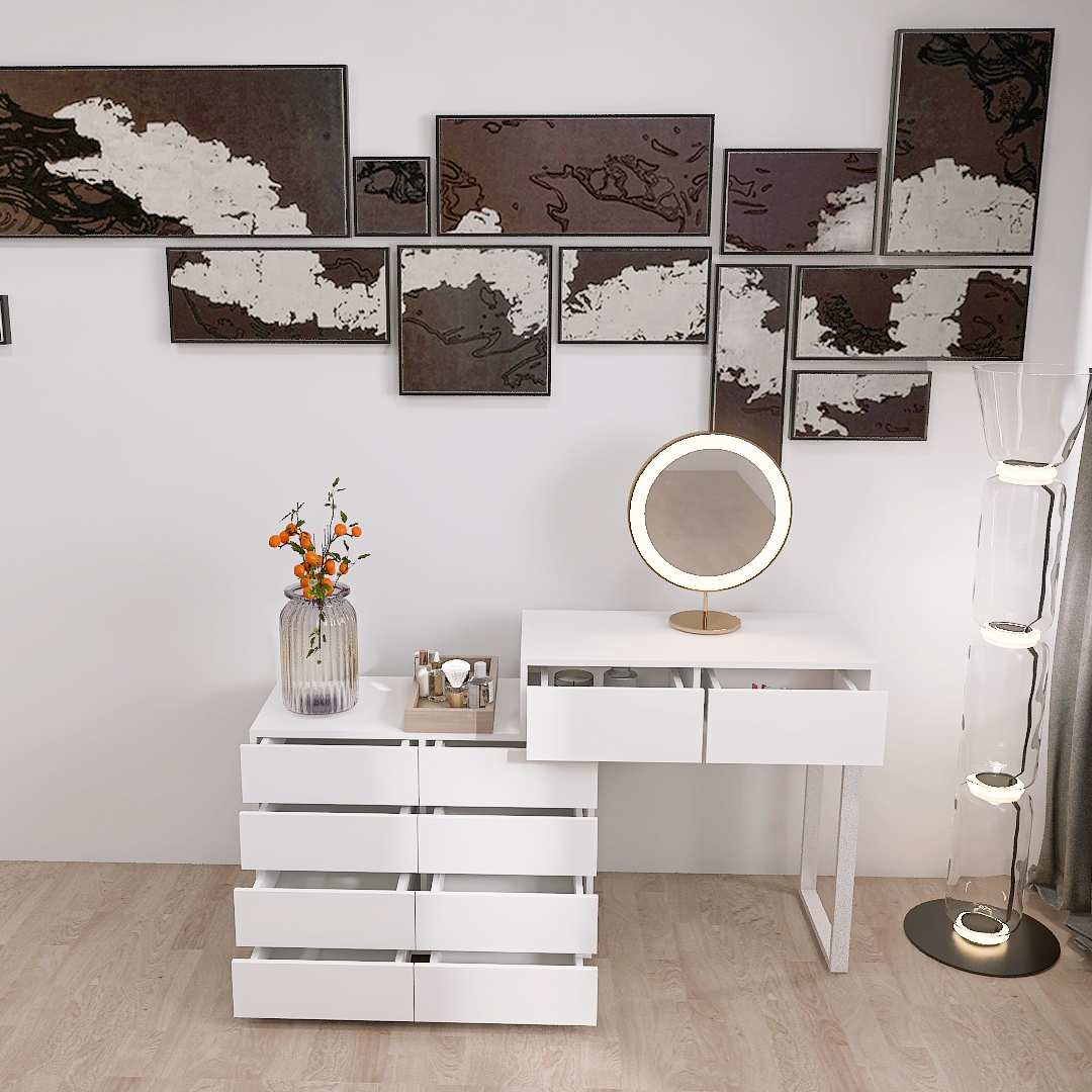 Extended Desktop 10 Drawers Chest of Drawer without Handle White Color Vanity