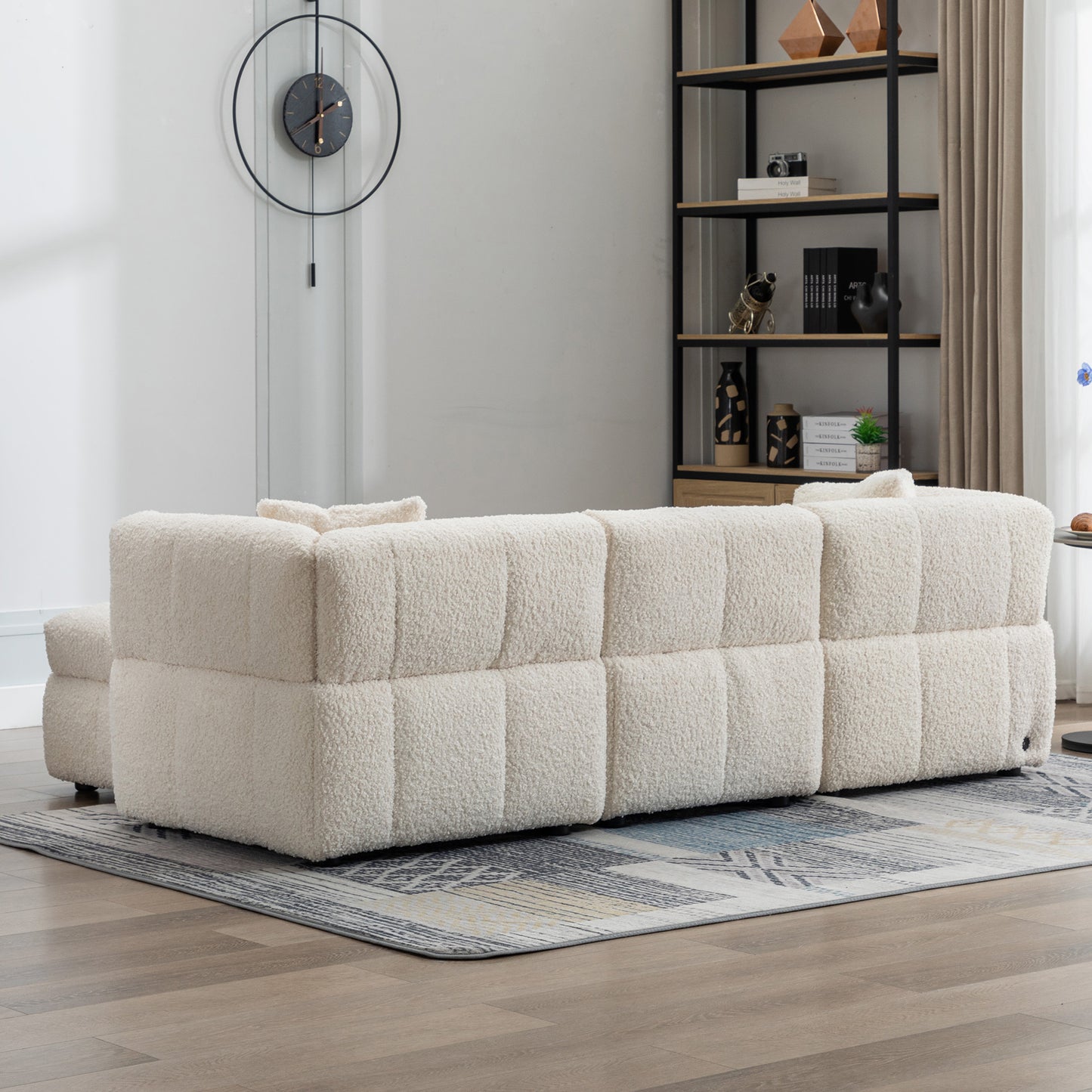 87.7" Sectional Sofa Cozy Teddy Fleece Fabric Sectional Sofa Couch with Two USB Ports a Movable Storage Ottoman and Two Lumbar Pillows for Living Room, Creamy White