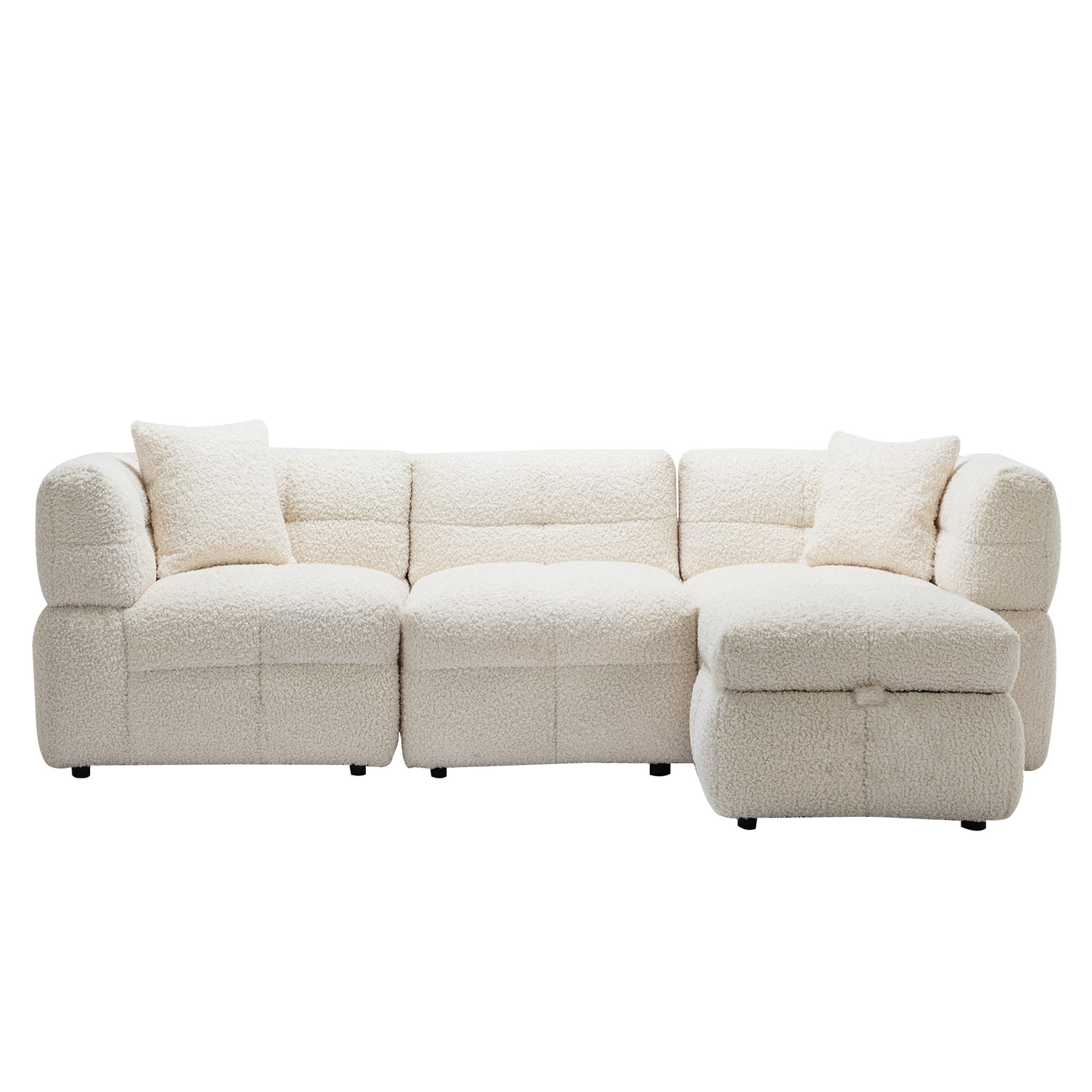 87.7" Sectional Sofa Cozy Teddy Fleece Fabric Sectional Sofa Couch with Two USB Ports a Movable Storage Ottoman and Two Lumbar Pillows for Living Room, Creamy White