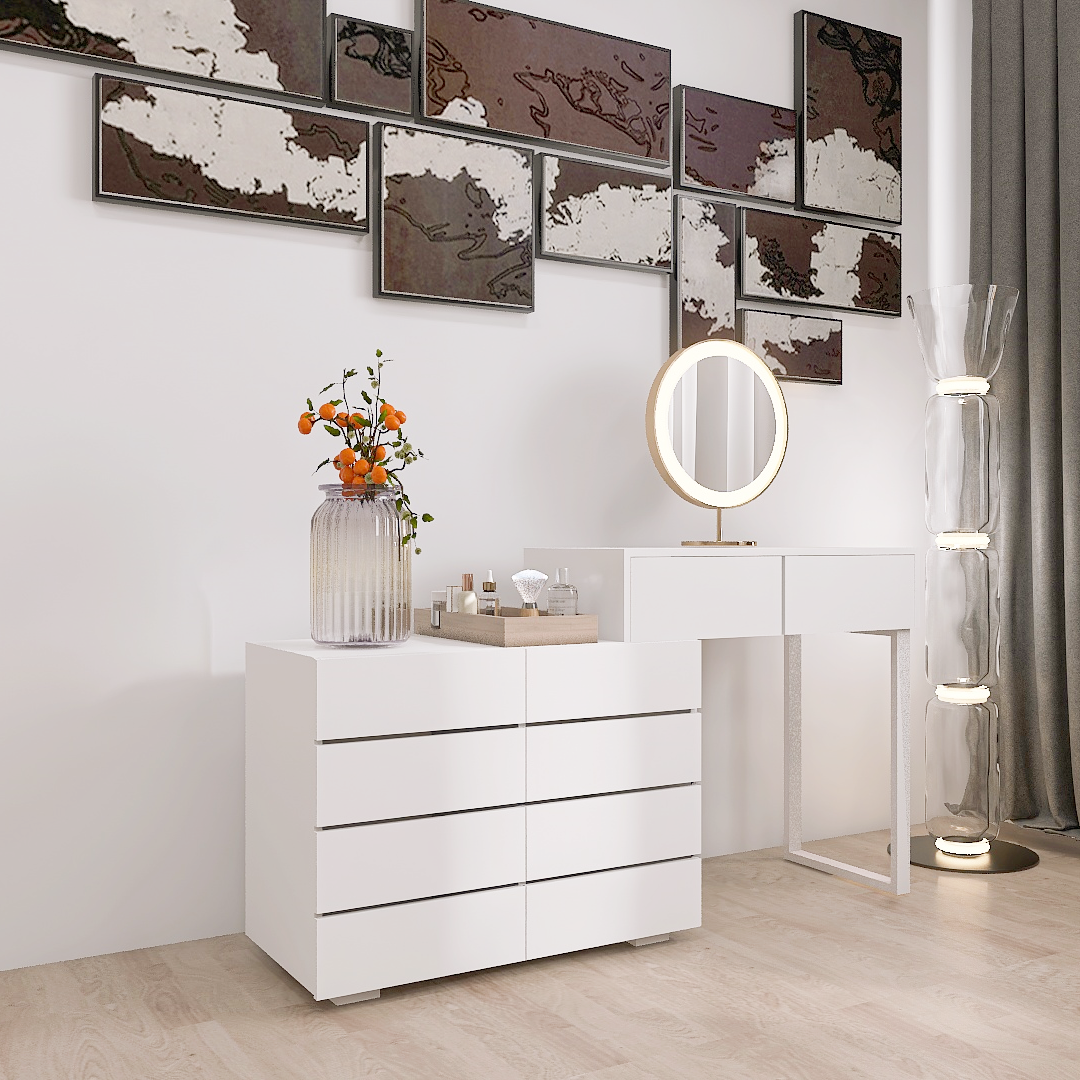 Extended Desktop 10 Drawers Chest of Drawer without Handle White Color Vanity