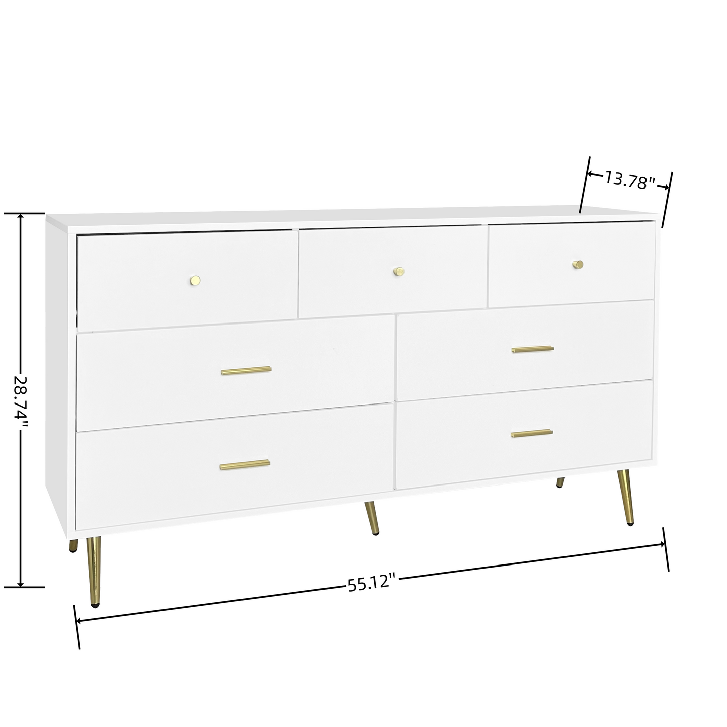 Seven Drawers Large Chest of Drawer Cabinet with Golden Handle and Golden Legs White Color