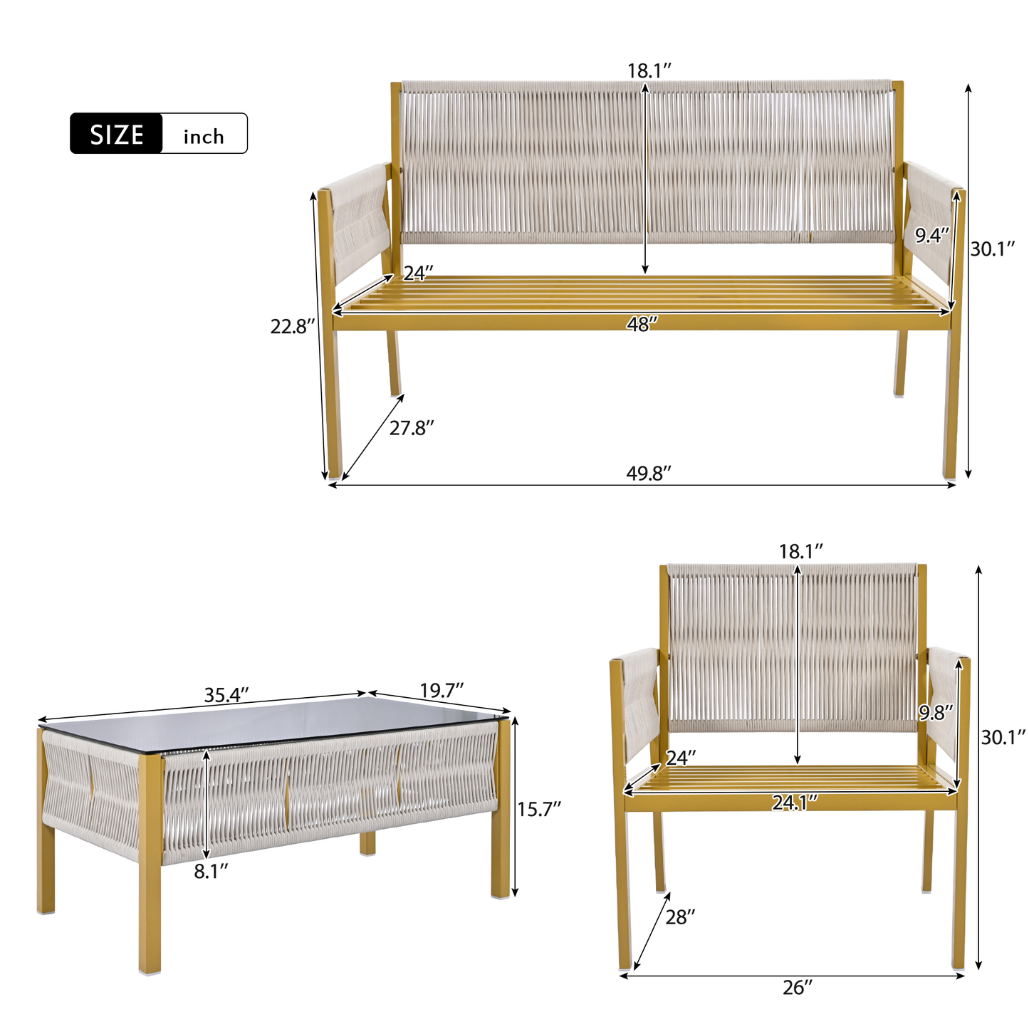 K&K 4-Piece Rope Patio Furniture Set, Outdoor Furniture with Tempered Glass Table, Patio Conversation Set Deep Seating with Thick Cushion for Backyard Porch Balcony (Beige&Mustard Yellow)