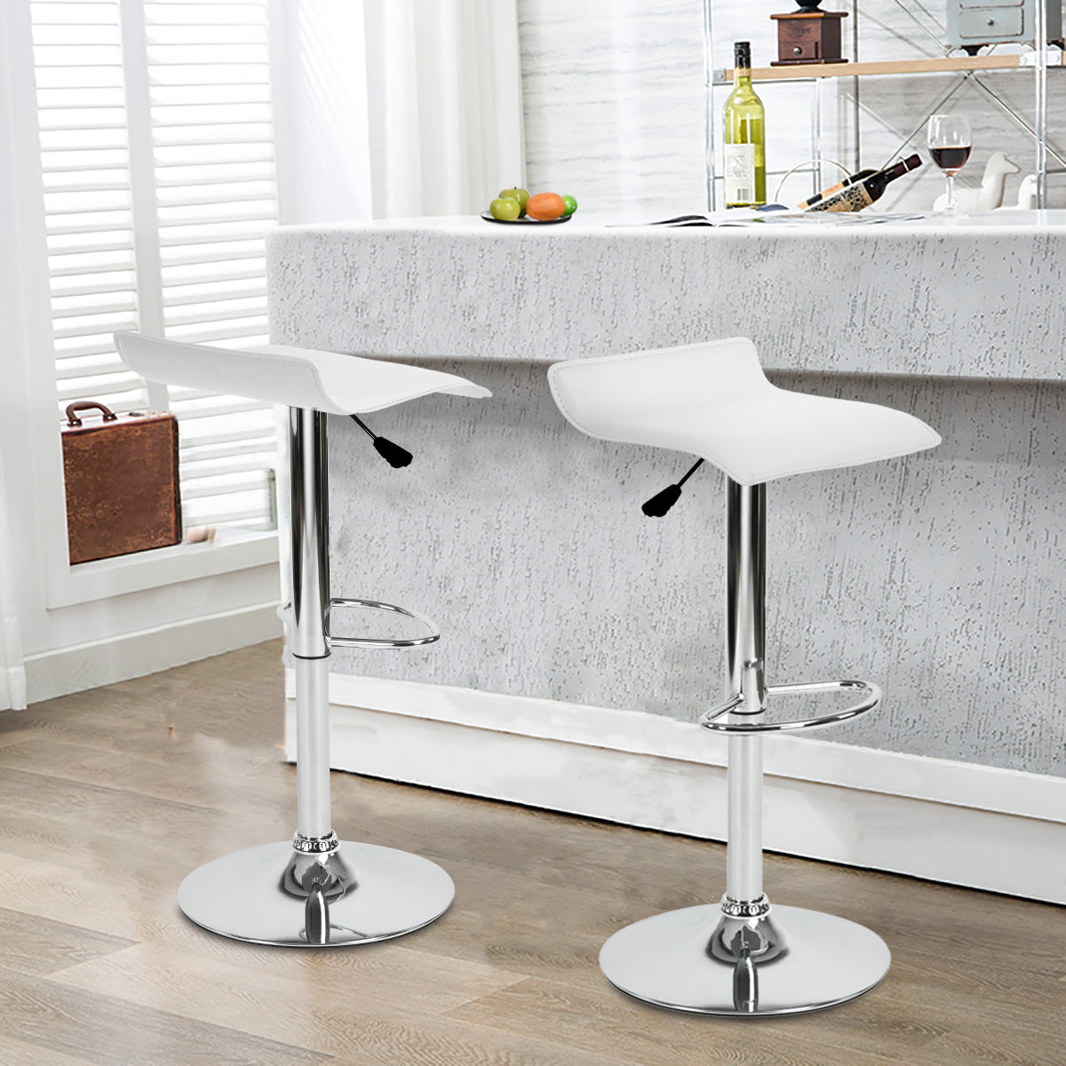 （缺货）Bar Stools Set of 2, Counter Bar Stools with Swivel Bar and Adjustable Height, Modern PVC Barstools Bar Chairs - White