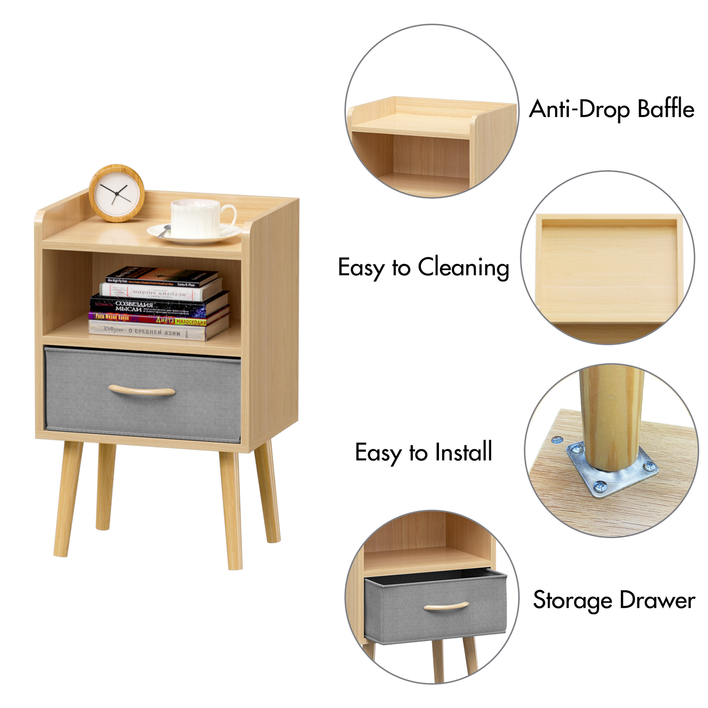 Nightstand With Collapsible Fabric Drawer, 2-Tier Storage End Table, Wood Side Table with Storage Cabinet or Kids, Adults - Oak