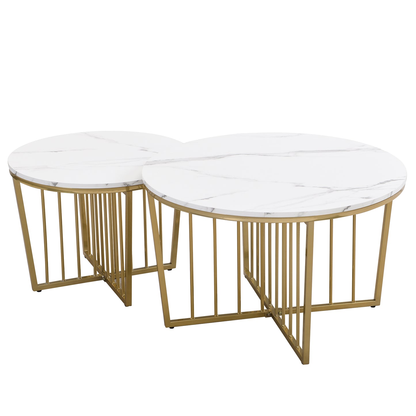 Modern Round Nesting Coffee Table Set 2-Piece White & Marbling Top Gold Base