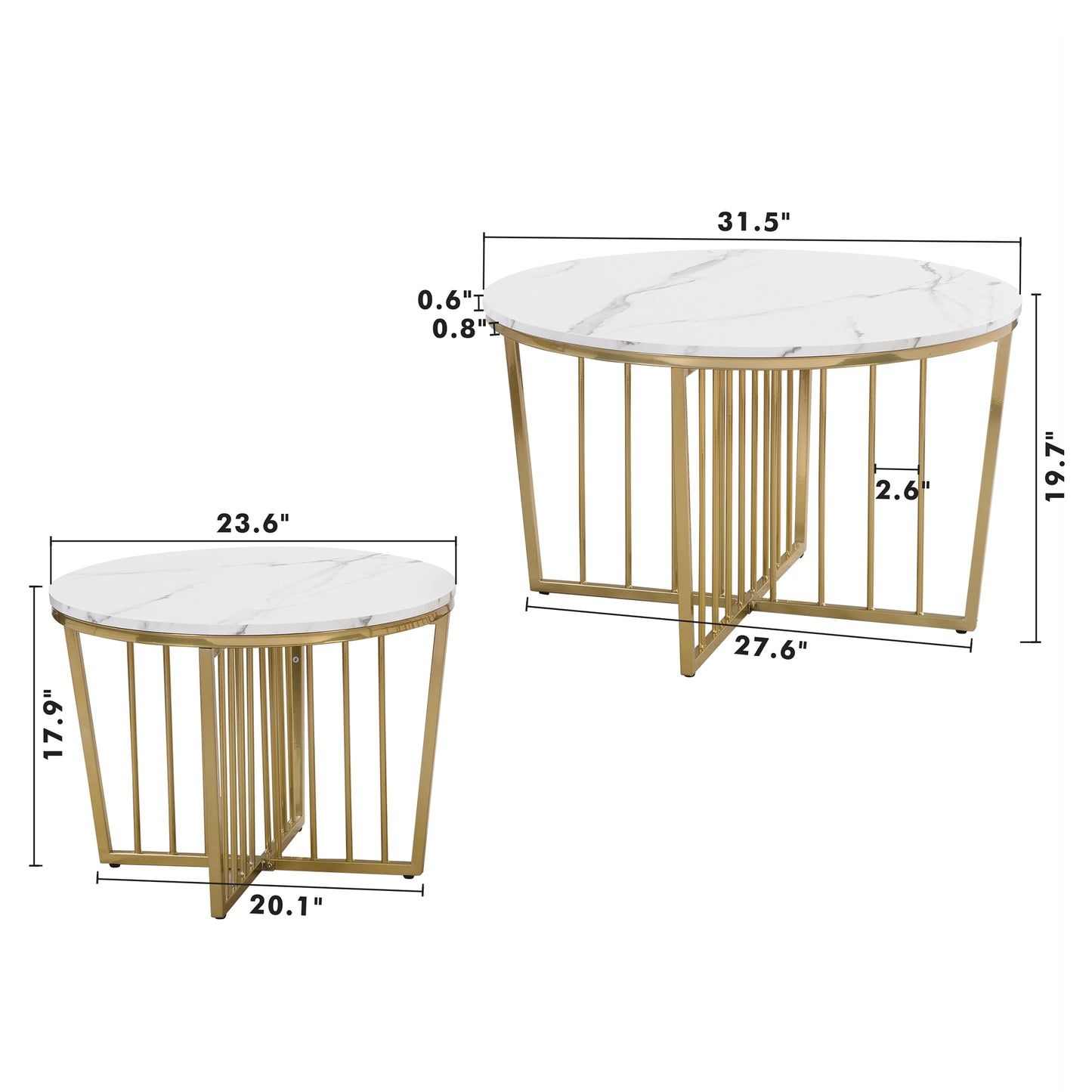 Modern Round Nesting Coffee Table Set 2-Piece White & Marbling Top Gold Base