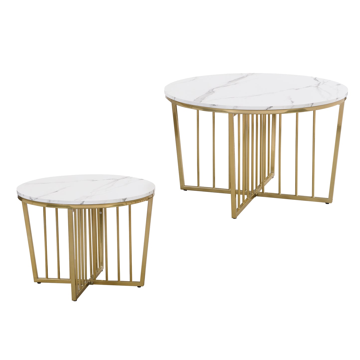 Modern Round Nesting Coffee Table Set 2-Piece White & Marbling Top Gold Base