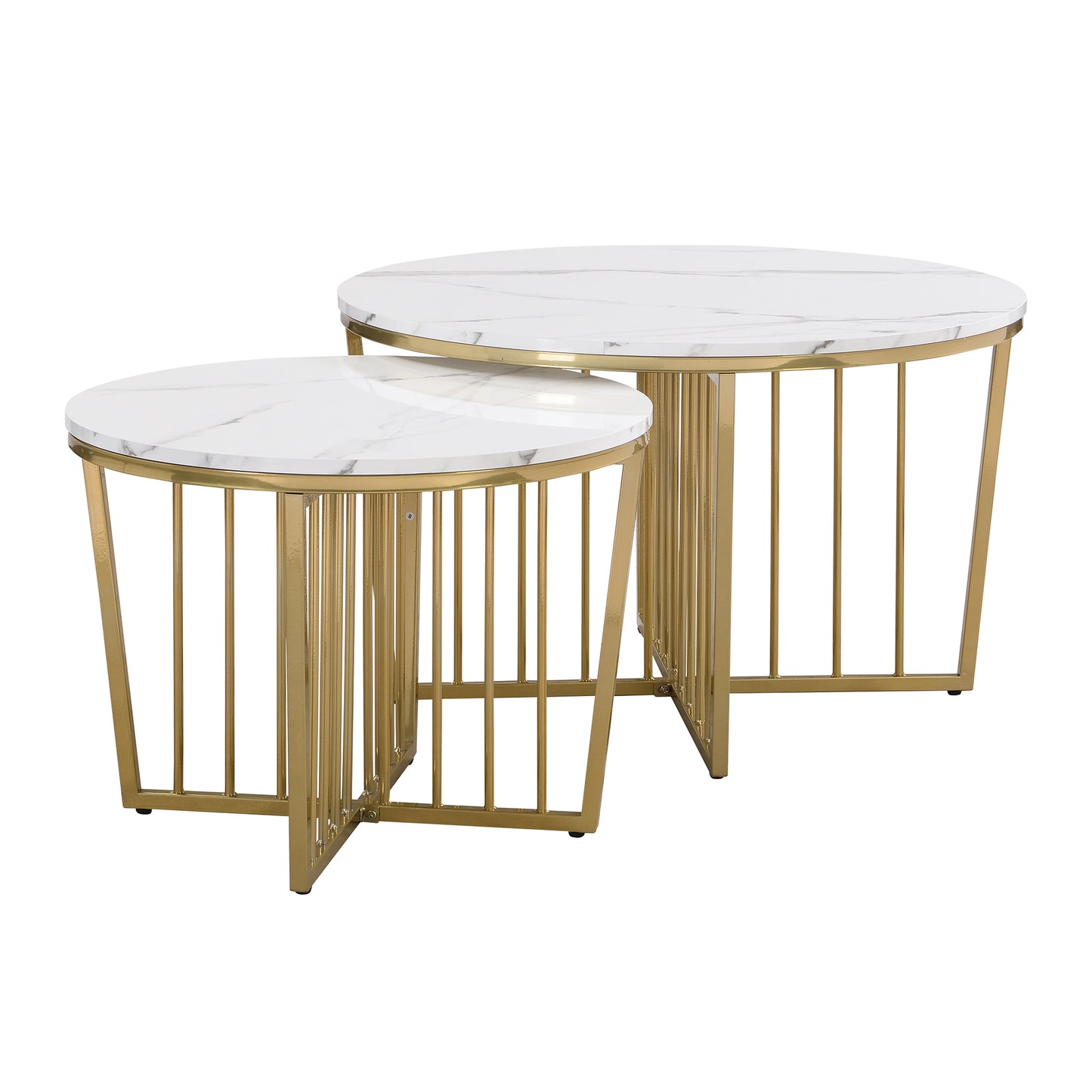 Modern Round Nesting Coffee Table Set 2-Piece White & Marbling Top Gold Base