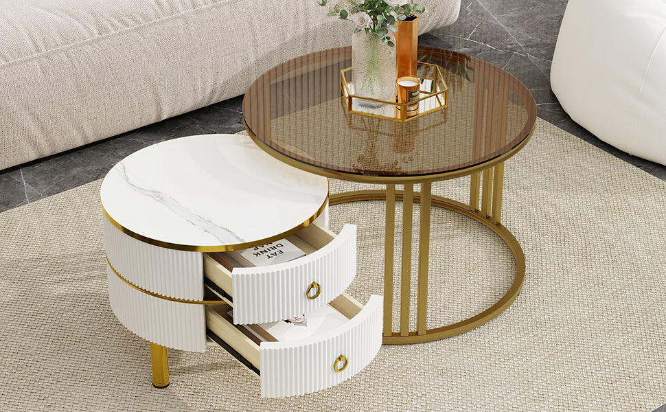 ON-TREND Φ27.5'' & Φ19.6'' Stackable Coffee Table with 2 Drawers, Nesting Tables with Brown Tempered Glass and High Gloss Marble Tabletop, Set of 2, Round Center Table for Living Room, White