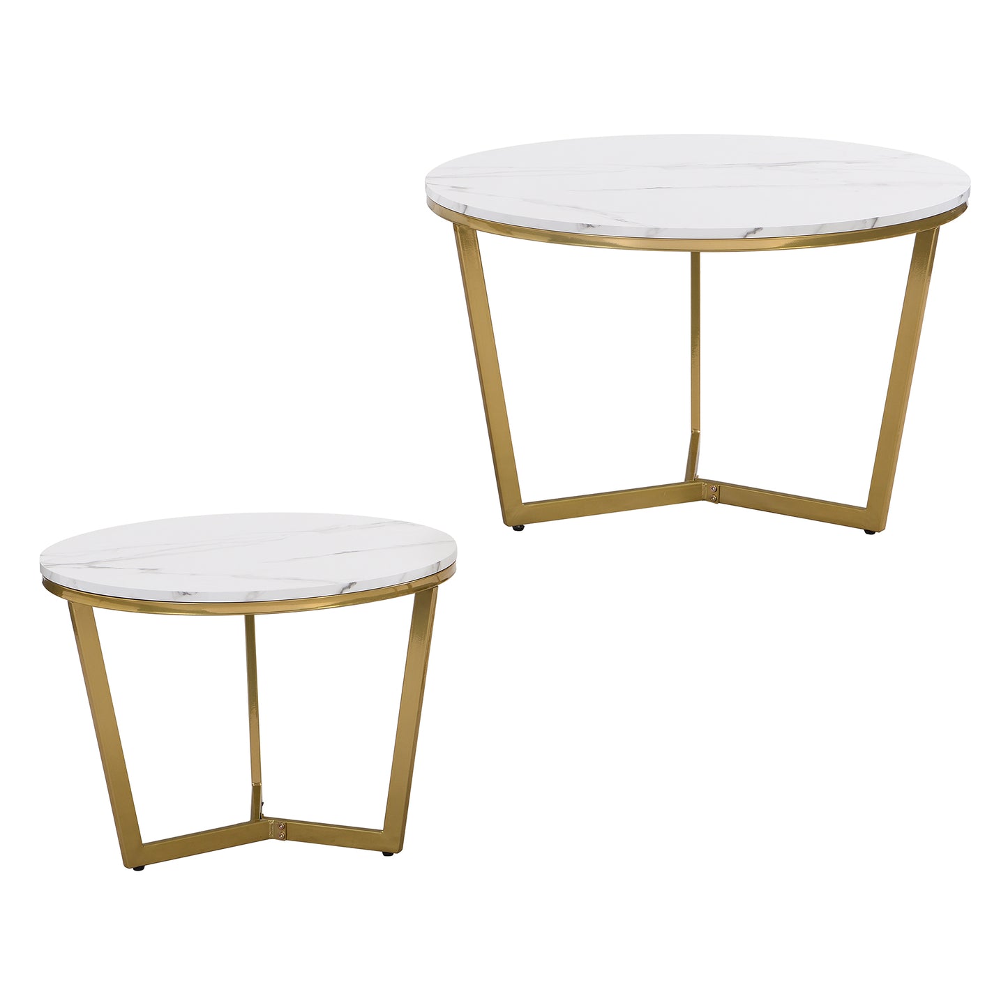 Modern Round Nesting Coffee Table Set 2-Piece White & Marbling Top Gold Base