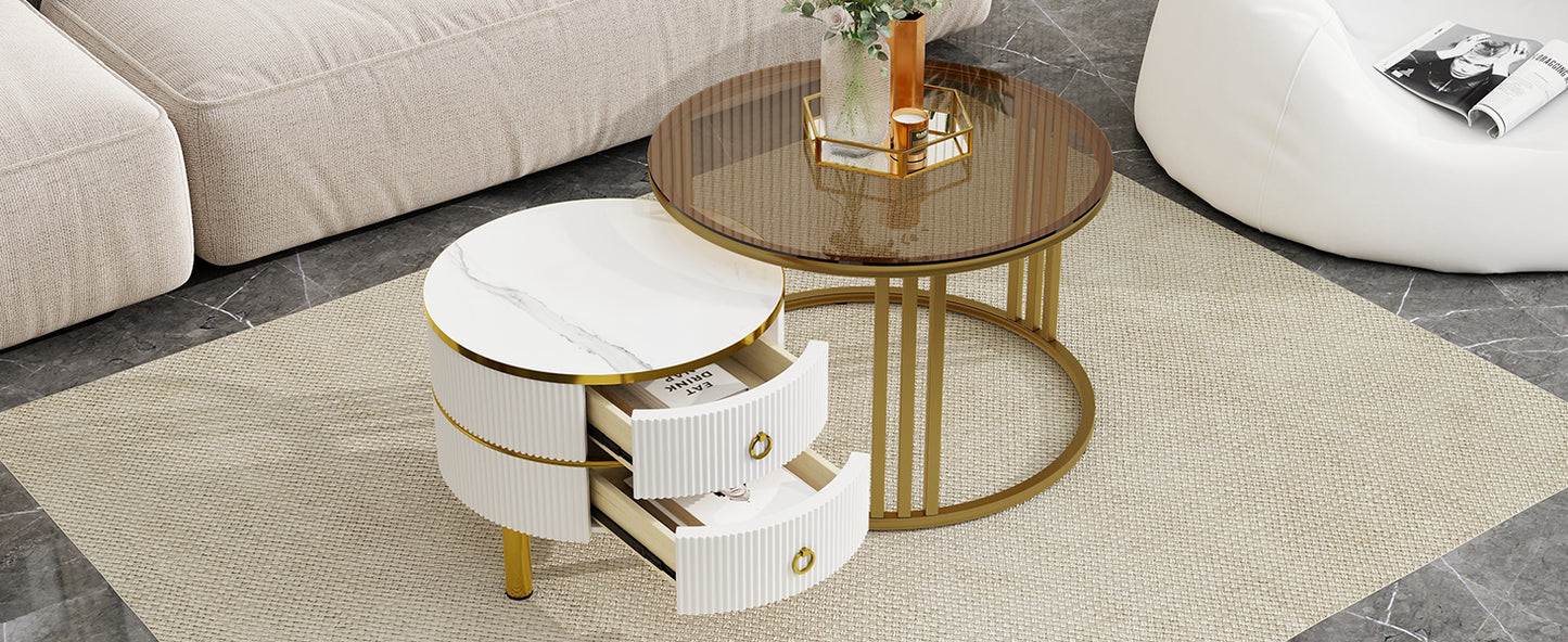 ON-TREND Φ27.5'' & Φ19.6'' Stackable Coffee Table with 2 Drawers, Nesting Tables with Brown Tempered Glass and High Gloss Marble Tabletop, Set of 2, Round Center Table for Living Room, White