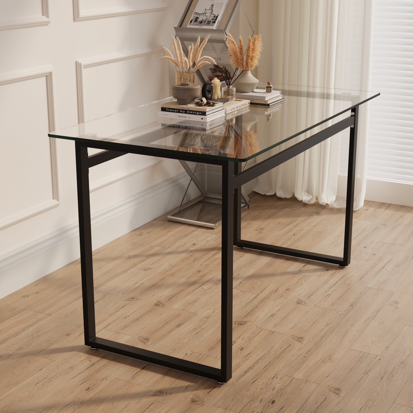 Modern Minimalist Rectangular Glass Dining Table for 4-6 with 0.31" Tempered Glass Tabletop and Black Chrome Metal Legs, Writing Table Desk, for Kitchen Dining Living Room, 51" W x 27"D x 30" H