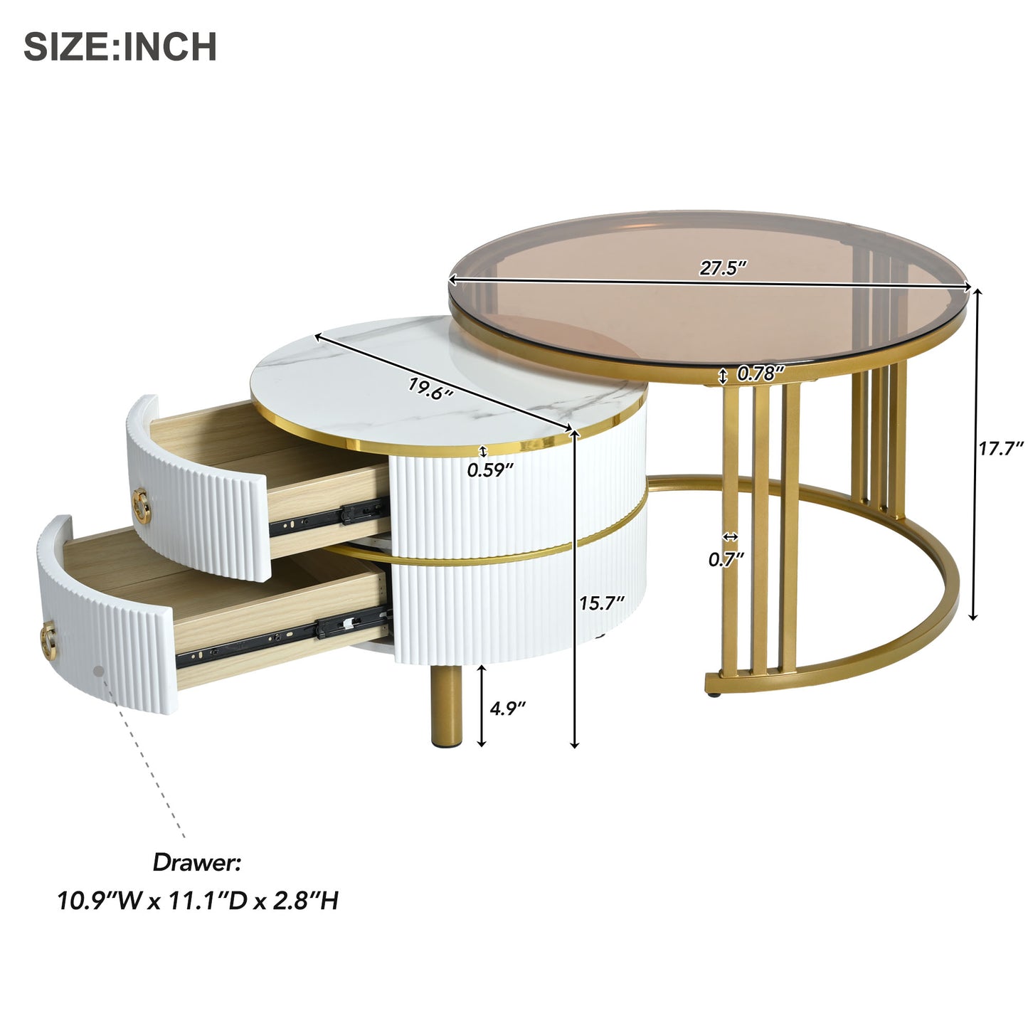 ON-TREND Φ27.5'' & Φ19.6'' Stackable Coffee Table with 2 Drawers, Nesting Tables with Brown Tempered Glass and High Gloss Marble Tabletop, Set of 2, Round Center Table for Living Room, White