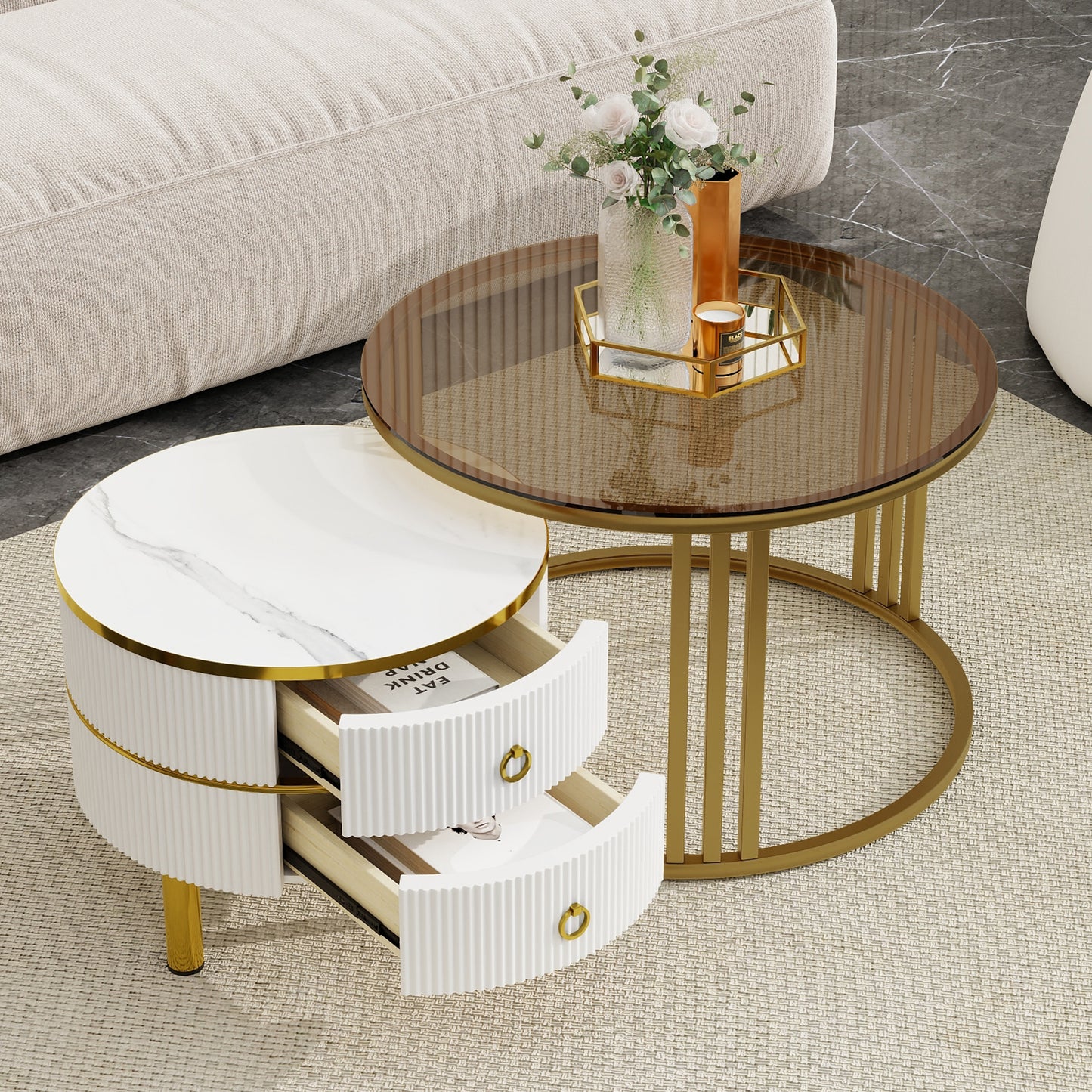 ON-TREND Φ27.5'' & Φ19.6'' Stackable Coffee Table with 2 Drawers, Nesting Tables with Brown Tempered Glass and High Gloss Marble Tabletop, Set of 2, Round Center Table for Living Room, White